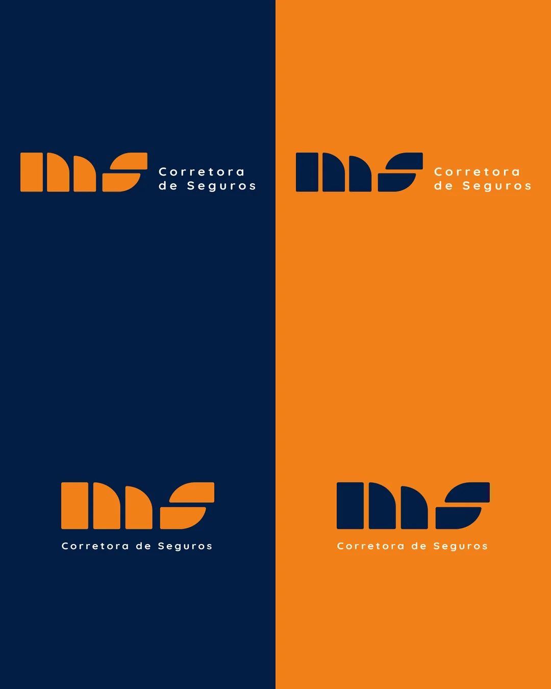 Oito versões do logo em azul-marinho, laranja, branco e gelo