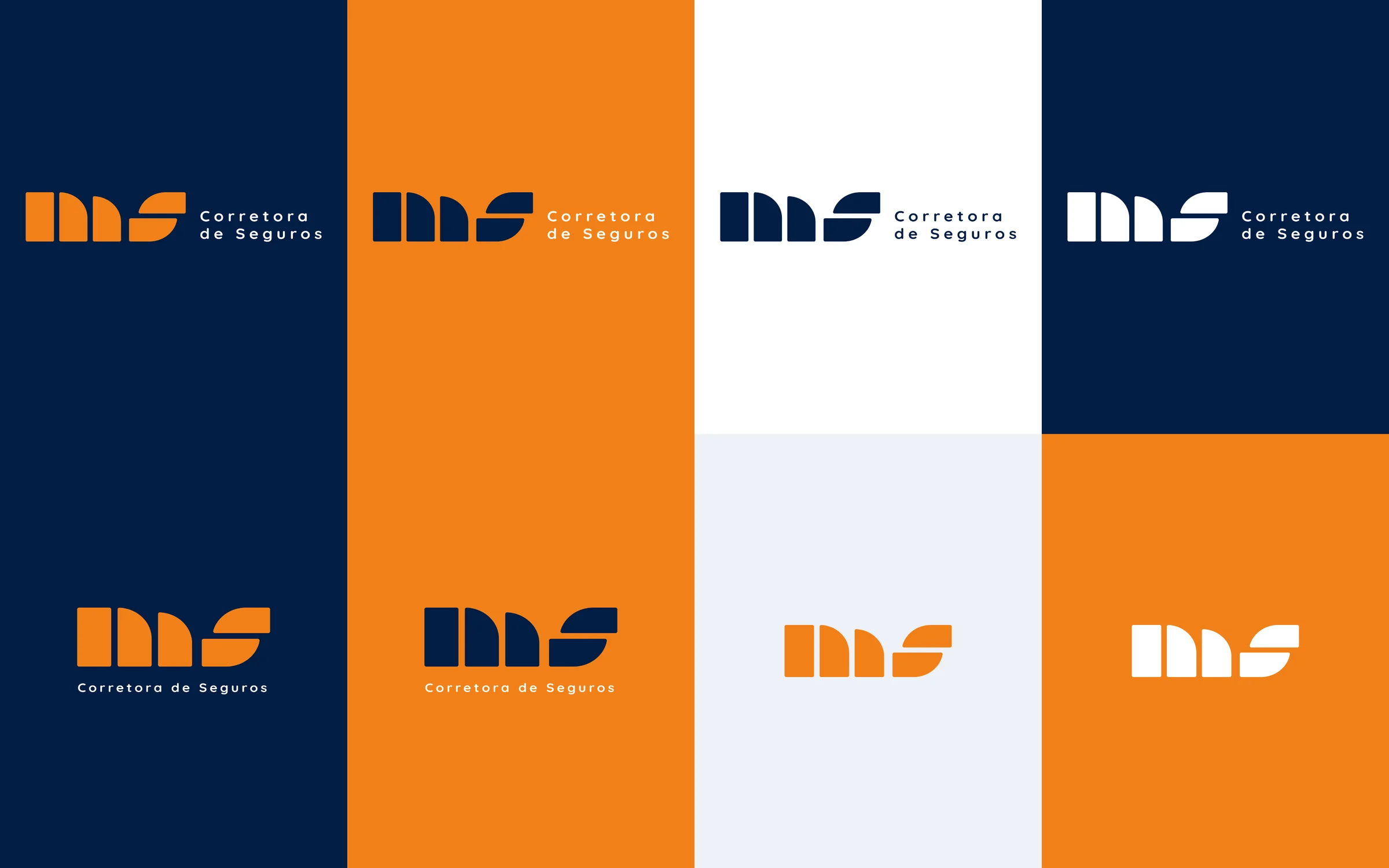 Oito versões do logo em azul-marinho, laranja, branco e gelo