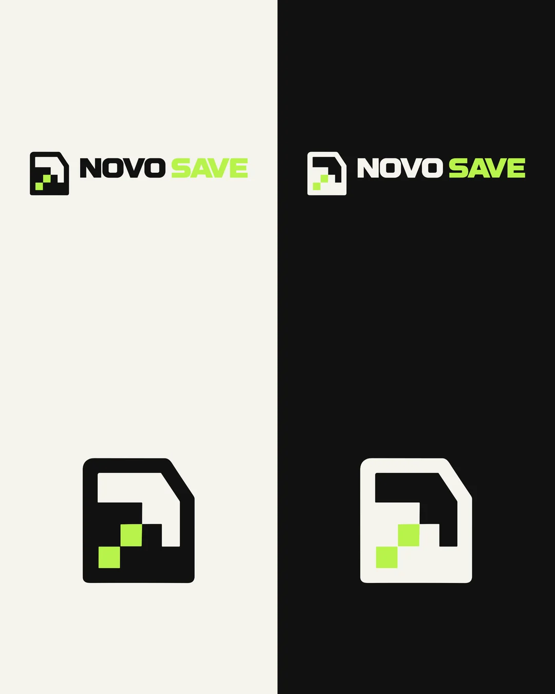 Versões do logo e do símbolo sobre creme, preto, verde e musgo, e o ícone de app
