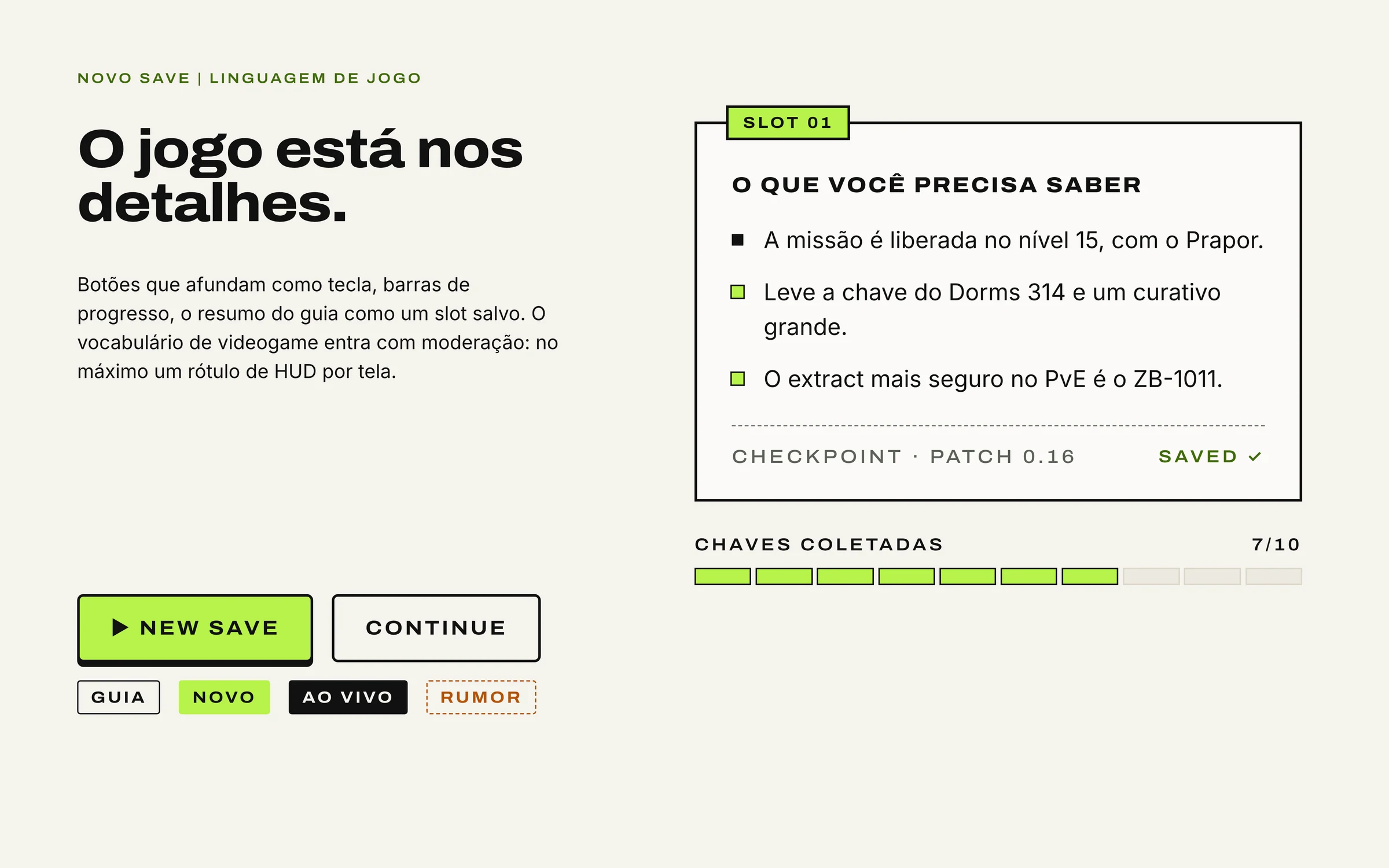Componentes do design system: botões, selos, o resumo Save Box e a barra de progresso