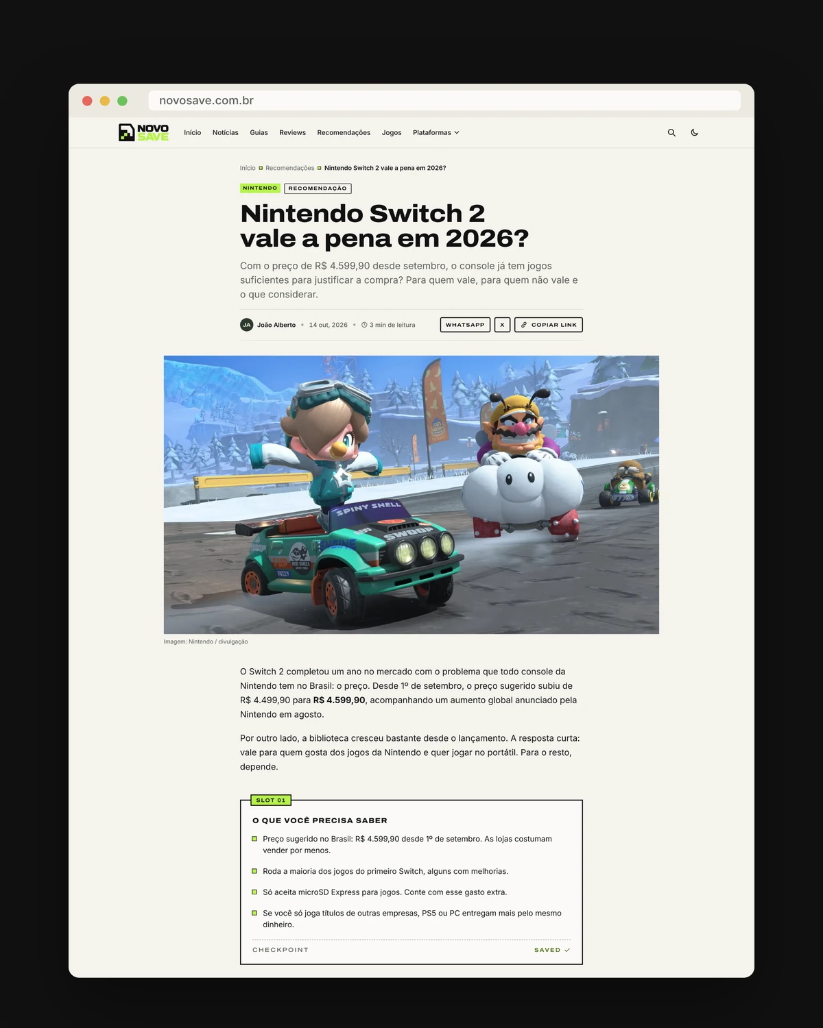 Página de recomendação do site, com o resumo Save Box