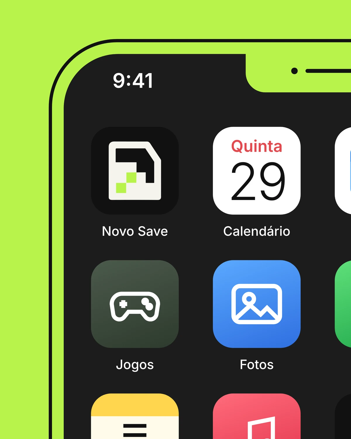 Tela inicial de celular ampliada, com o ícone do Novo Save entre outros apps