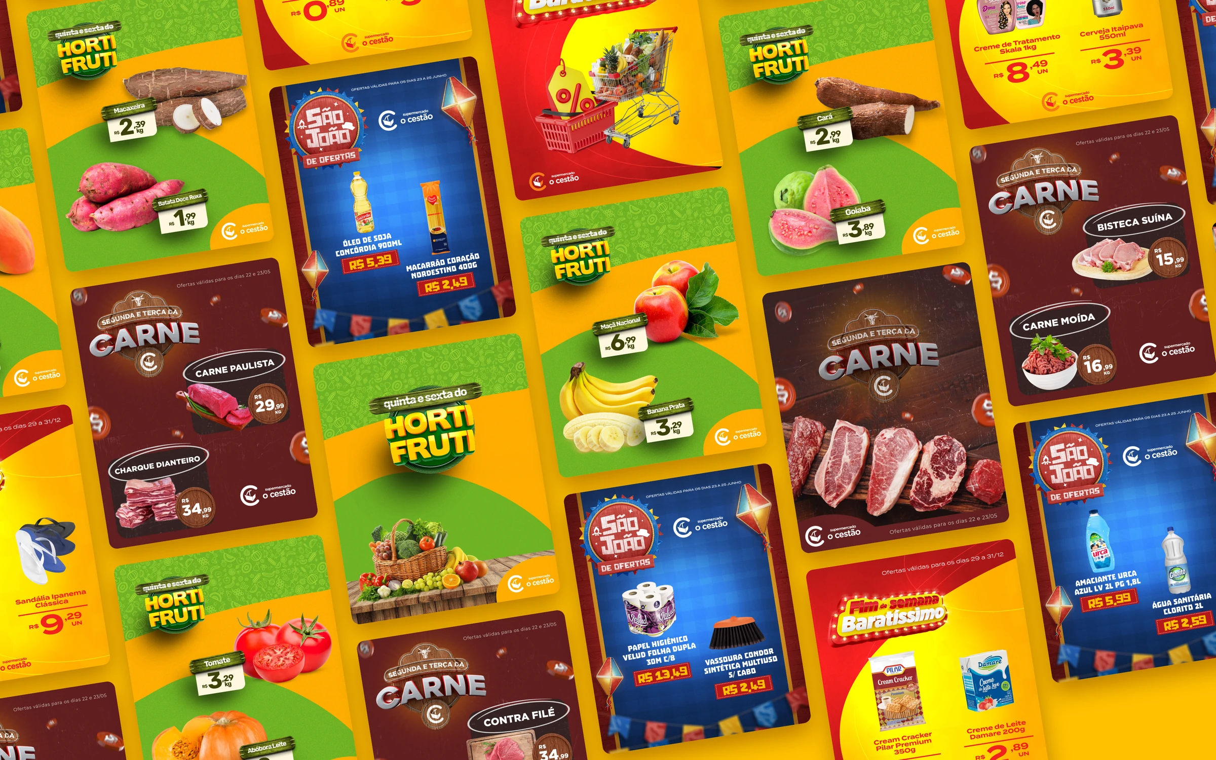 Parede inclinada com dezenas de posts de ofertas do Cestão