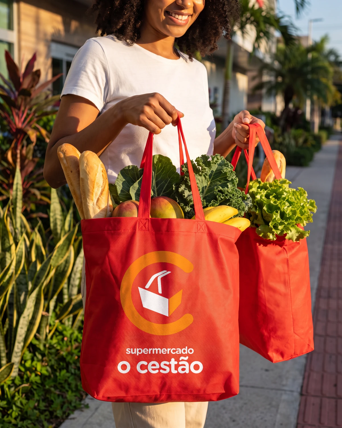 Mulher carregando duas sacolas vermelhas do Cestão cheias de compras
