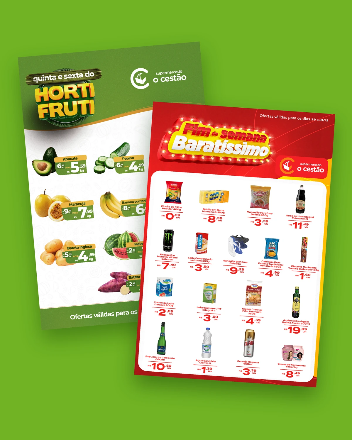 Panfletos de hortifruti e Baratíssimo sobre fundo verde