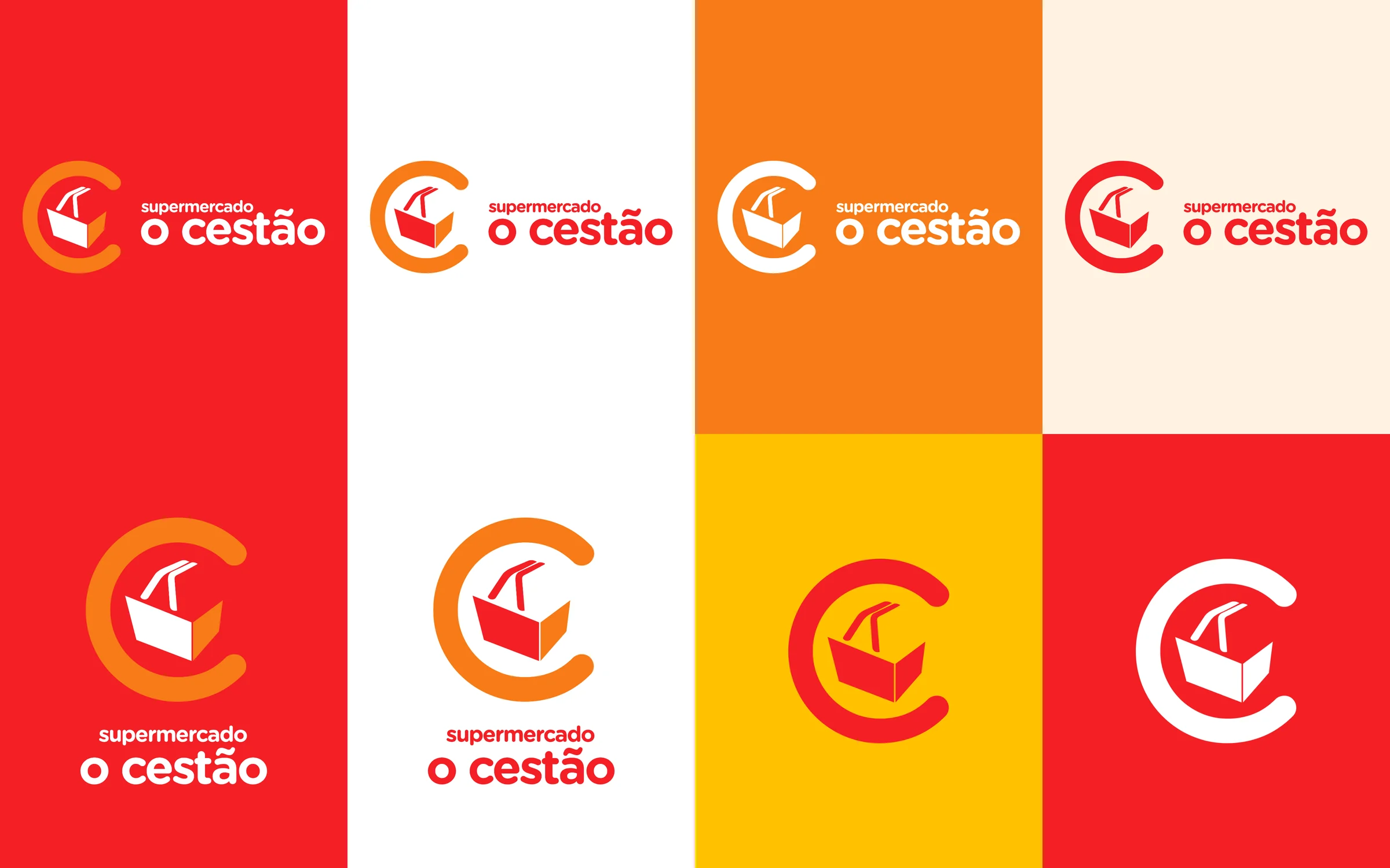 Oito versões do logo em vermelho, branco, laranja, creme e amarelo