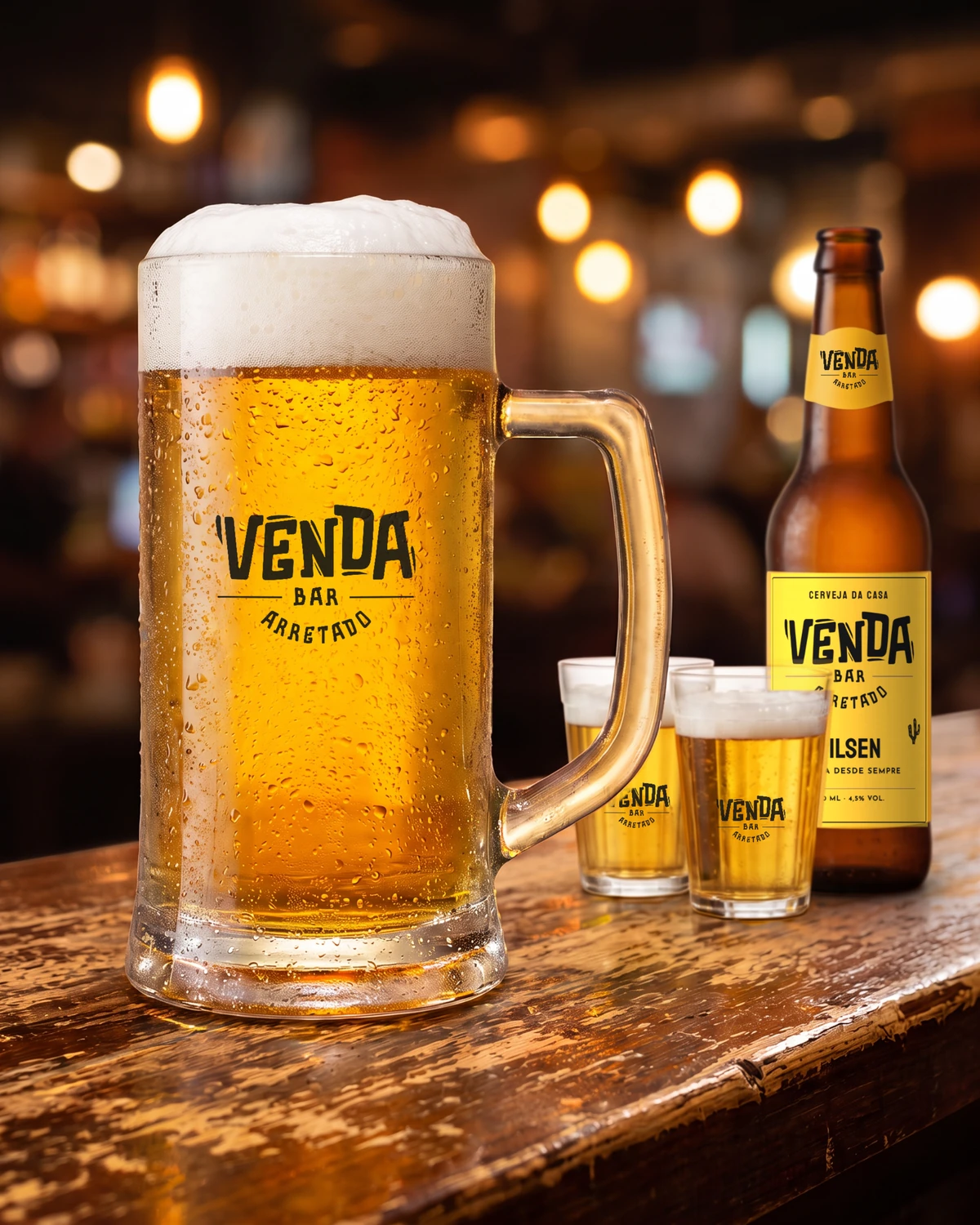 Caneca e copos americanos com o logo preto do Venda e a garrafa com o rótulo da cerveja da casa