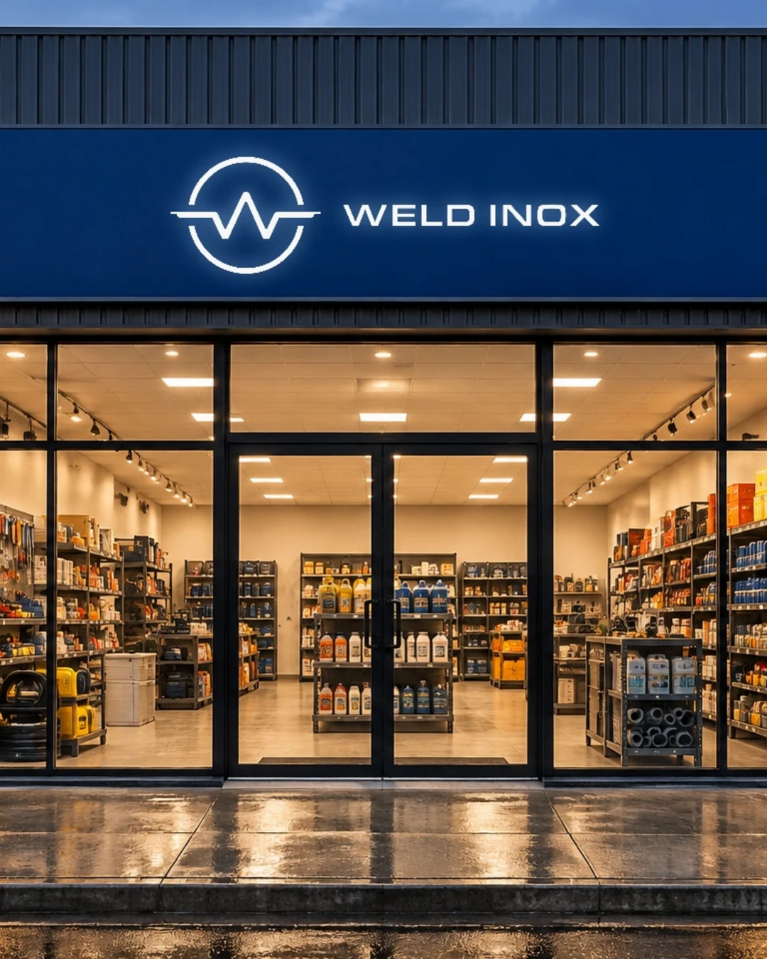 Fachada de loja com o letreiro iluminado da Weld Inox