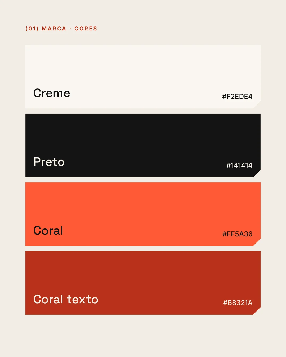 As quatro cores da marca, creme, preto, coral e coral texto, e as fontes Space Grotesk e Inter