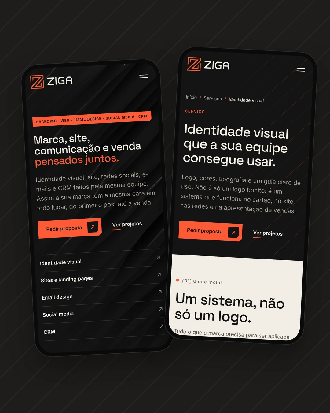 Três celulares com páginas do site da Ziga