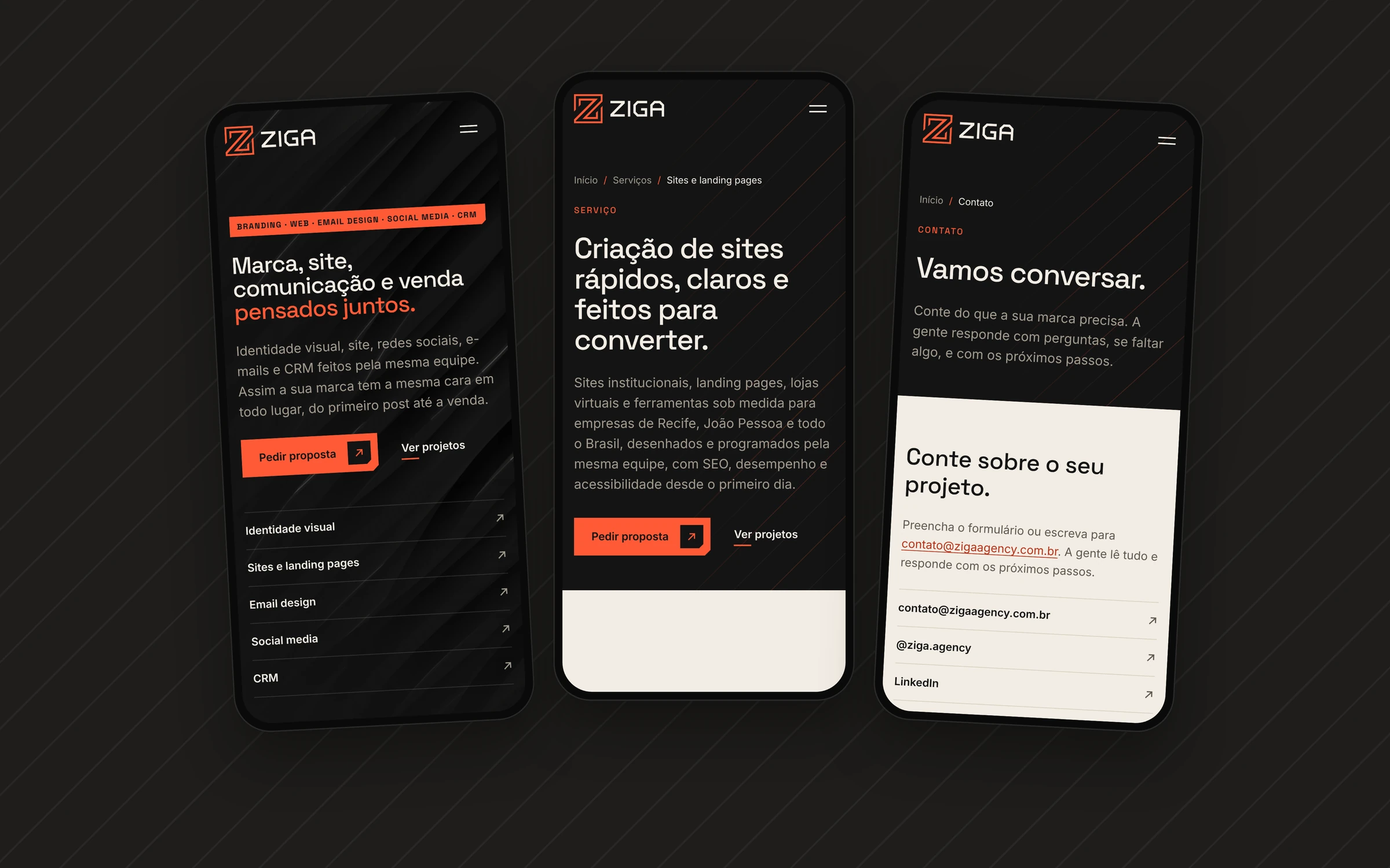Três celulares com páginas do site da Ziga