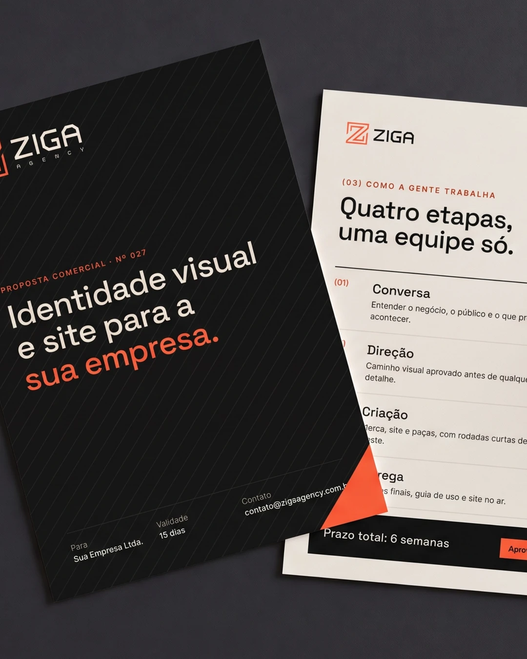 Proposta comercial impressa da Ziga: capa e página das etapas