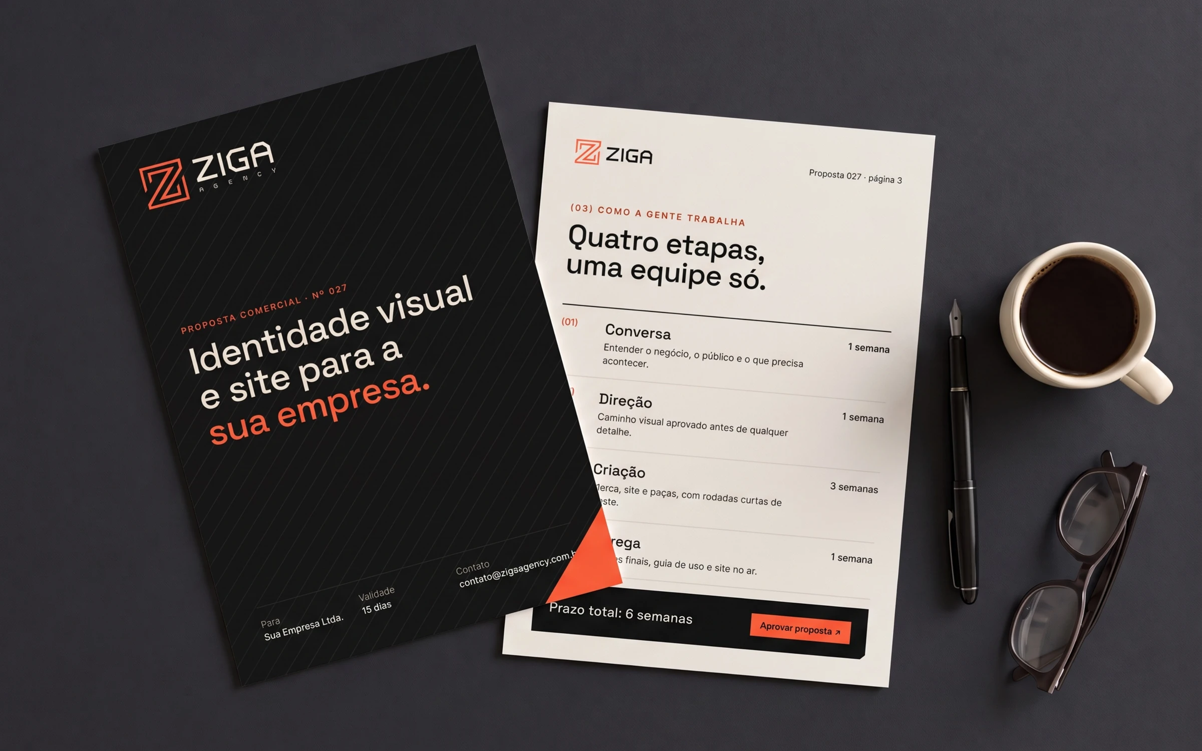 Proposta comercial impressa da Ziga: capa e página das etapas