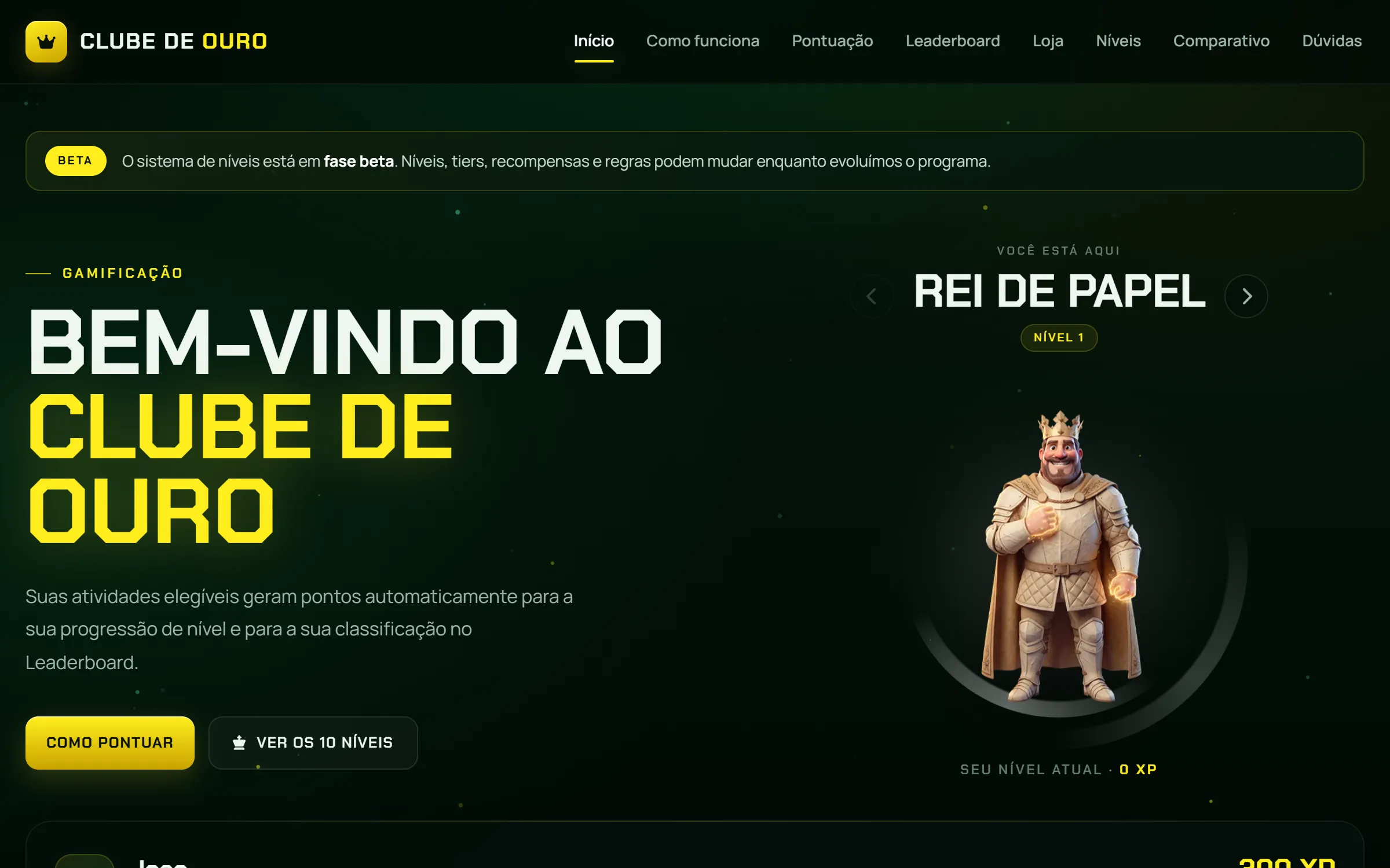 Página inicial do Clube de Ouro: boas-vindas, nível atual do jogador e progresso
