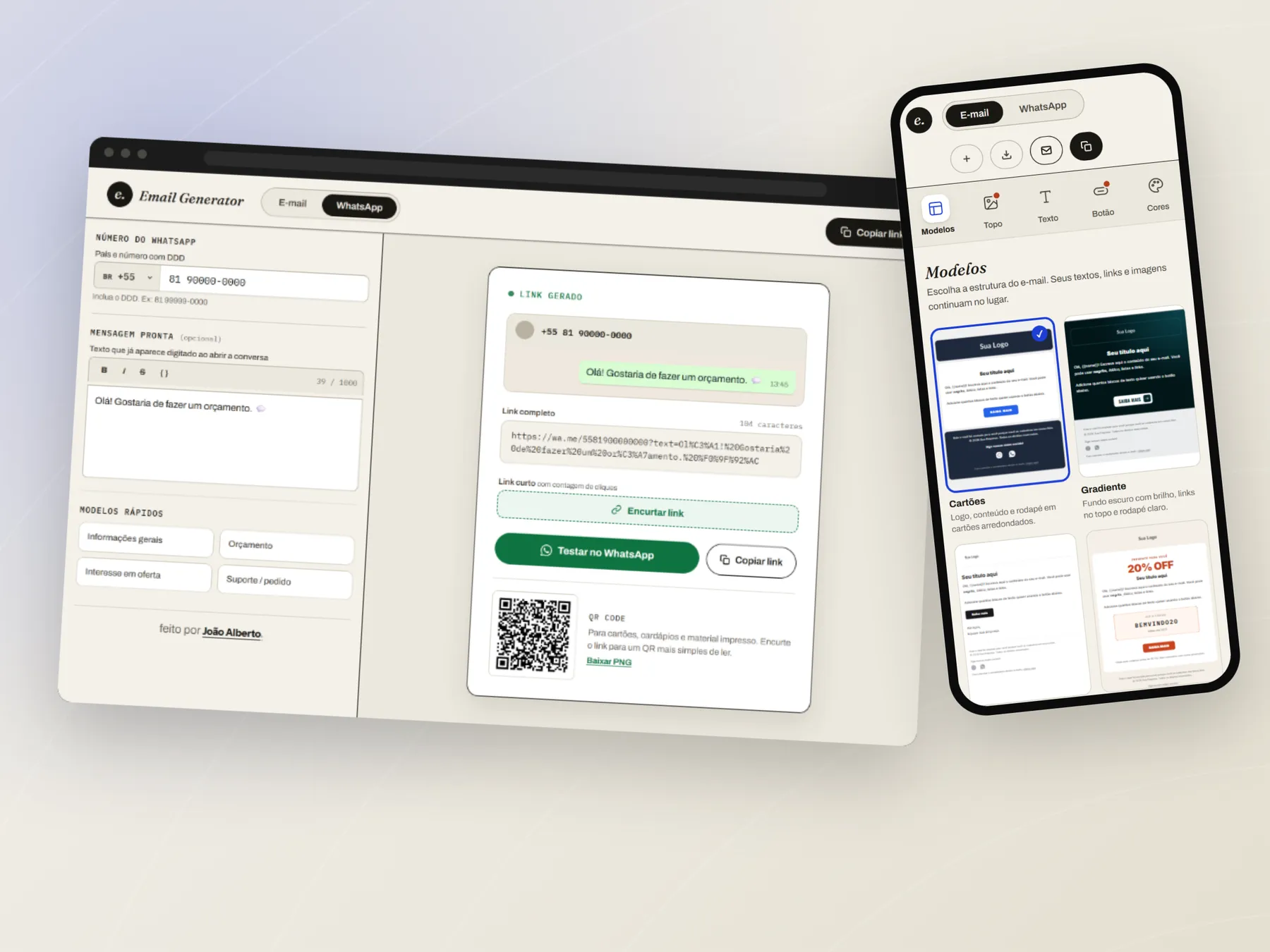 Gerador de link de WhatsApp e o editor no celular