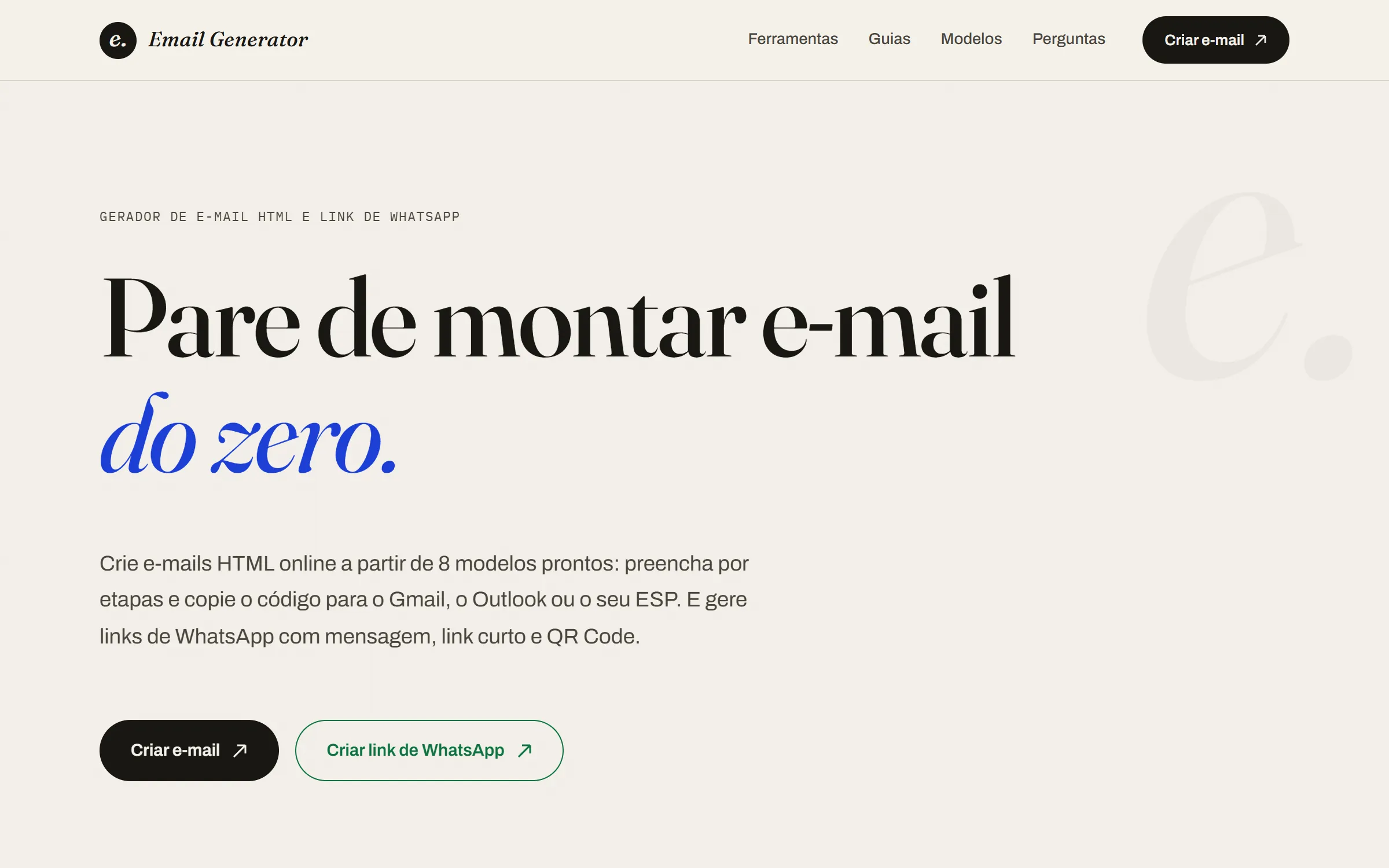 Página inicial do Email Generator: ferramentas gratuitas para emails HTML e links de WhatsApp
