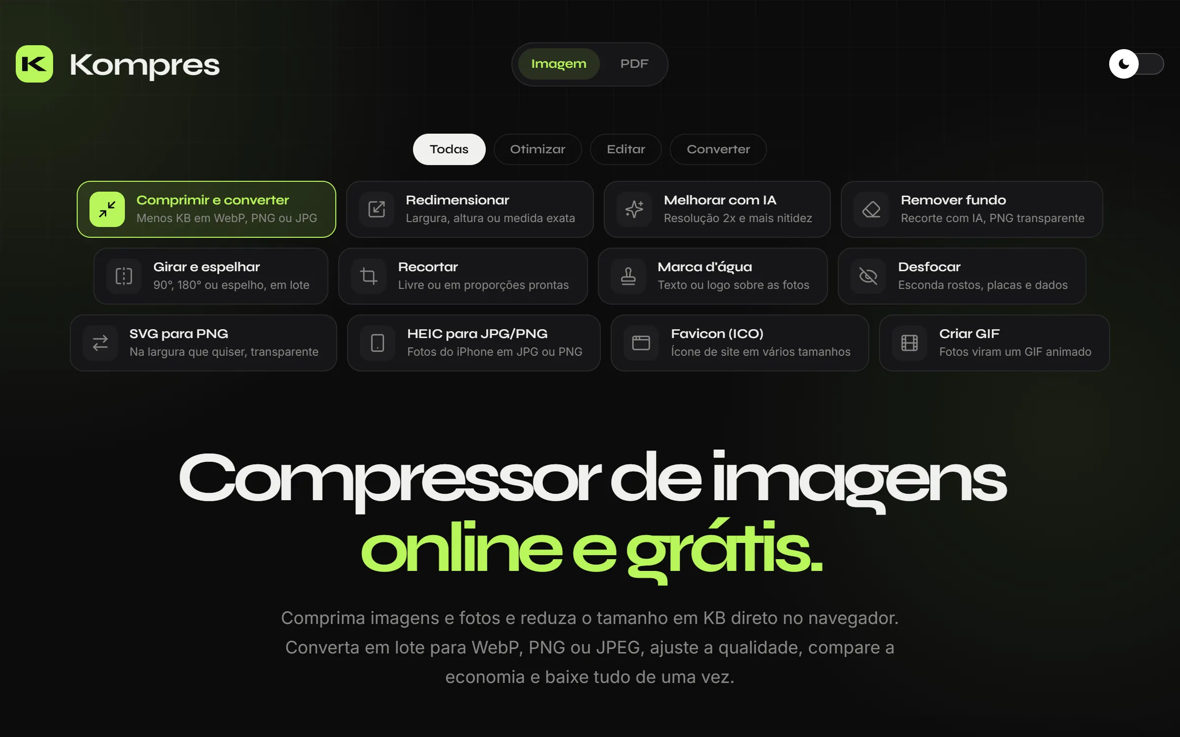 Página inicial do Kompres: compressor de imagens online e grátis