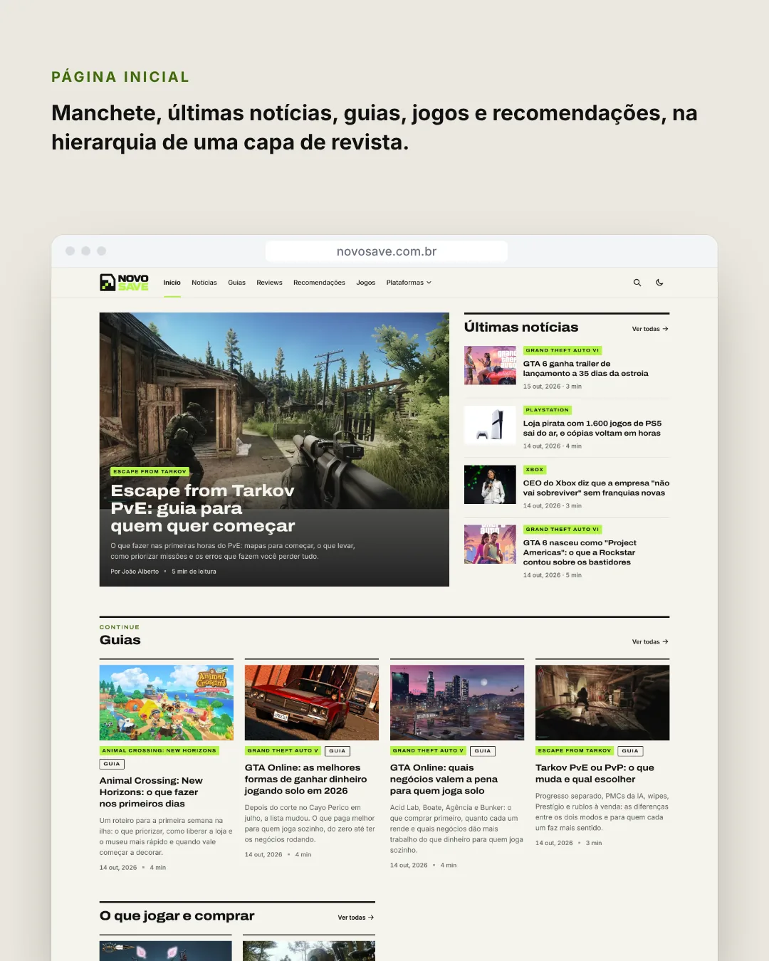 Página inicial do Novo Save inteira, dividida em colunas