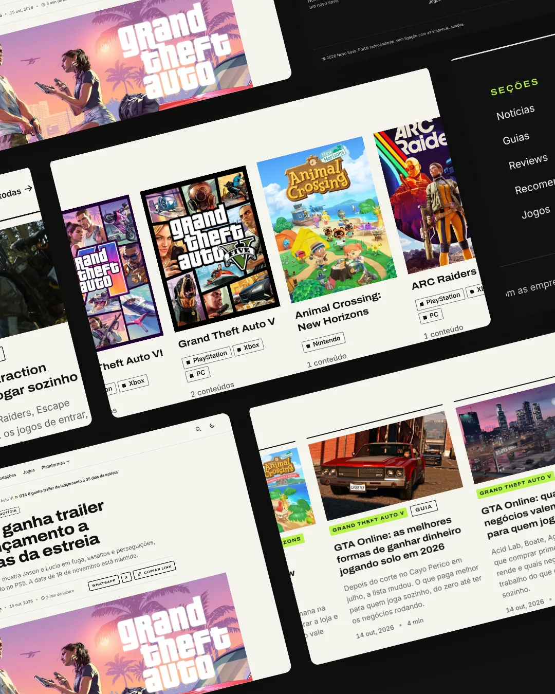 Seções do site Novo Save lado a lado, em diagonal