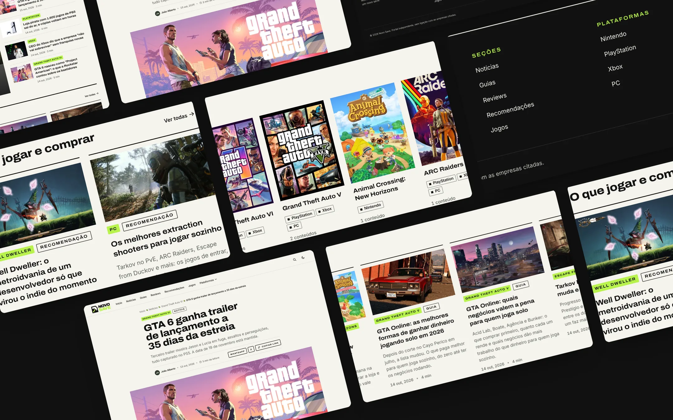 Seções do site Novo Save lado a lado, em diagonal