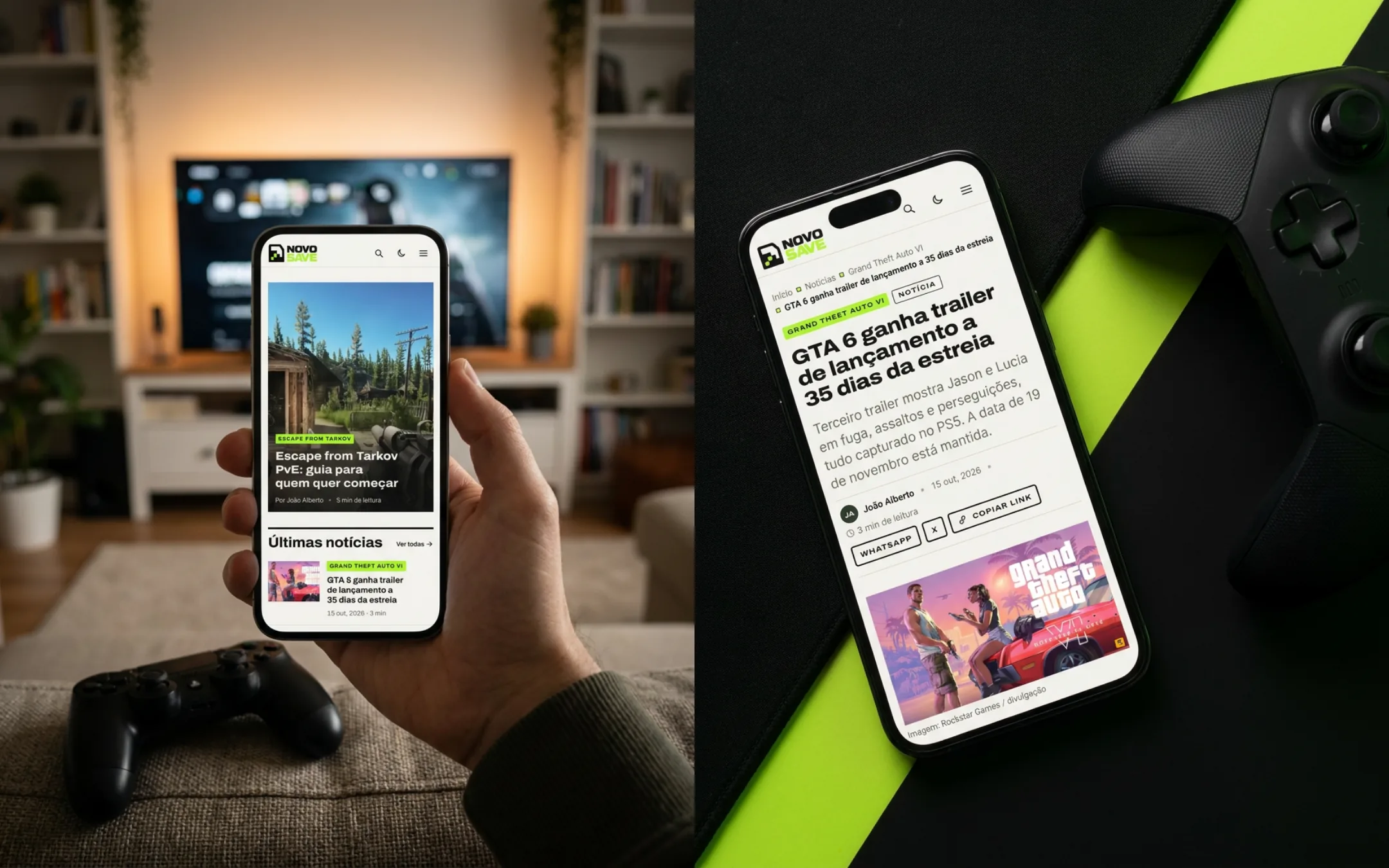 Celular com o site Novo Save aberto, em duas fotos