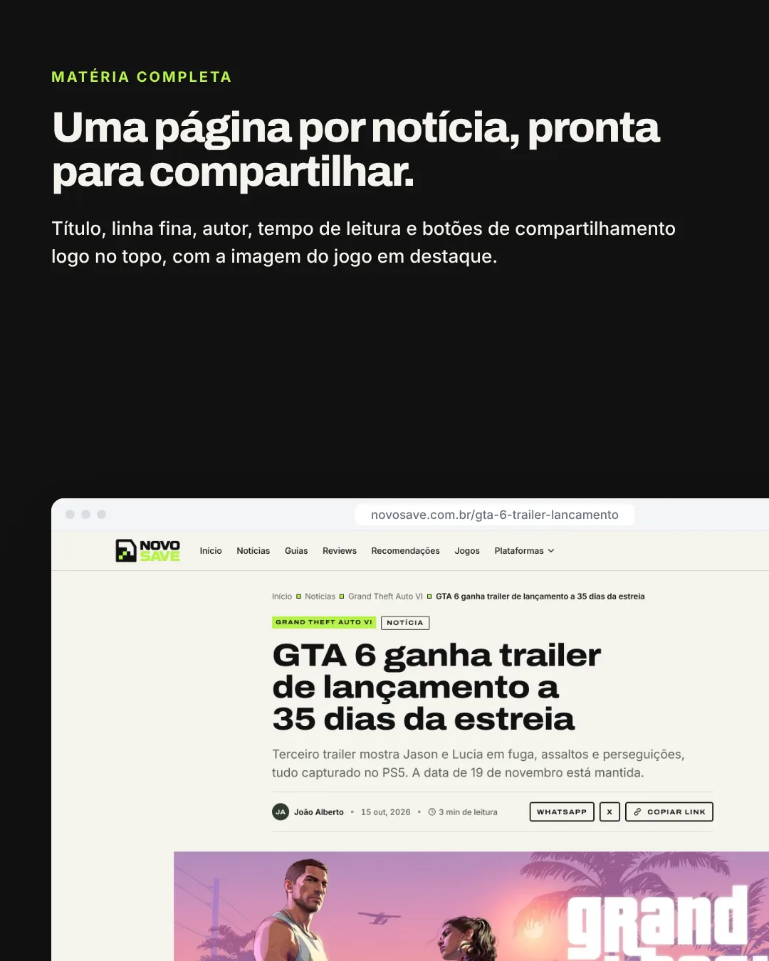Uma página por notícia, pronta para compartilhar