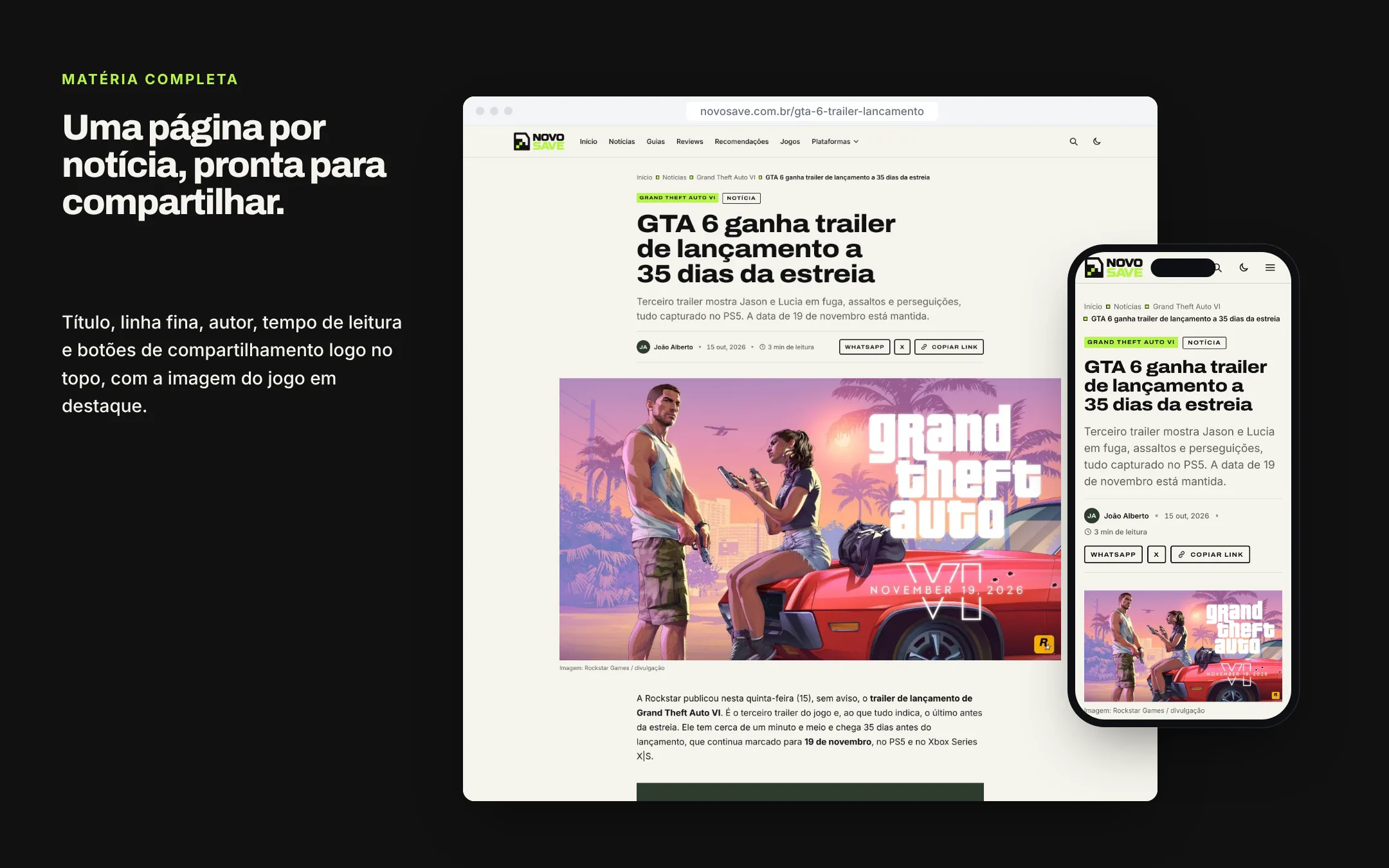 Uma página por notícia, pronta para compartilhar