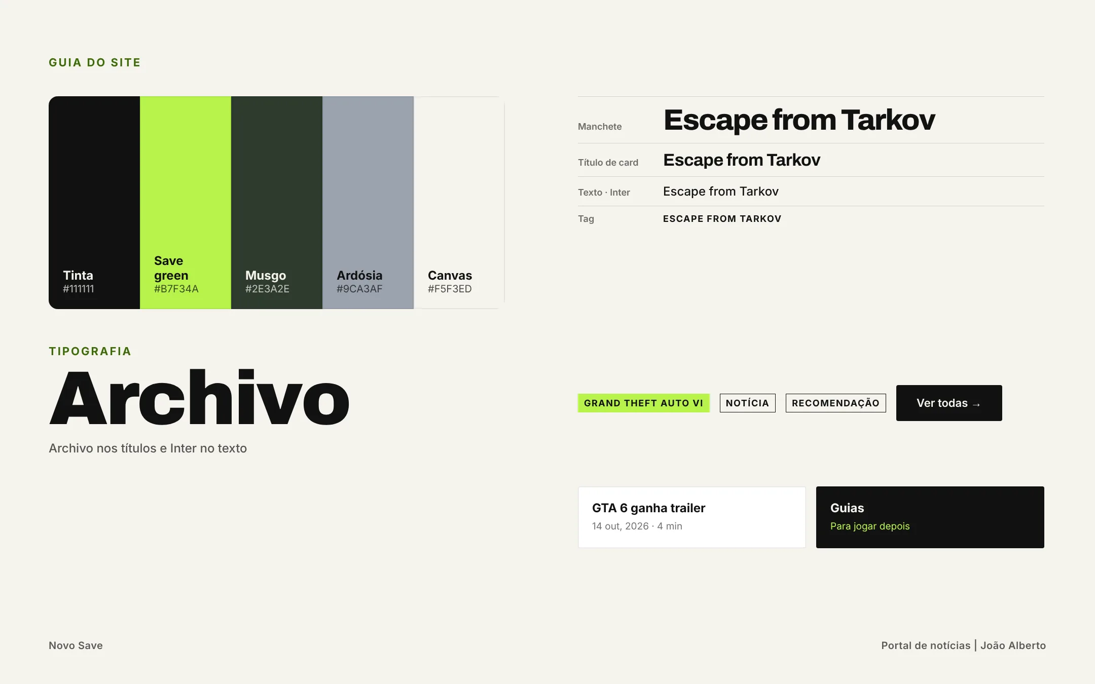 Guia do site Novo Save: cores, tipografia e componentes