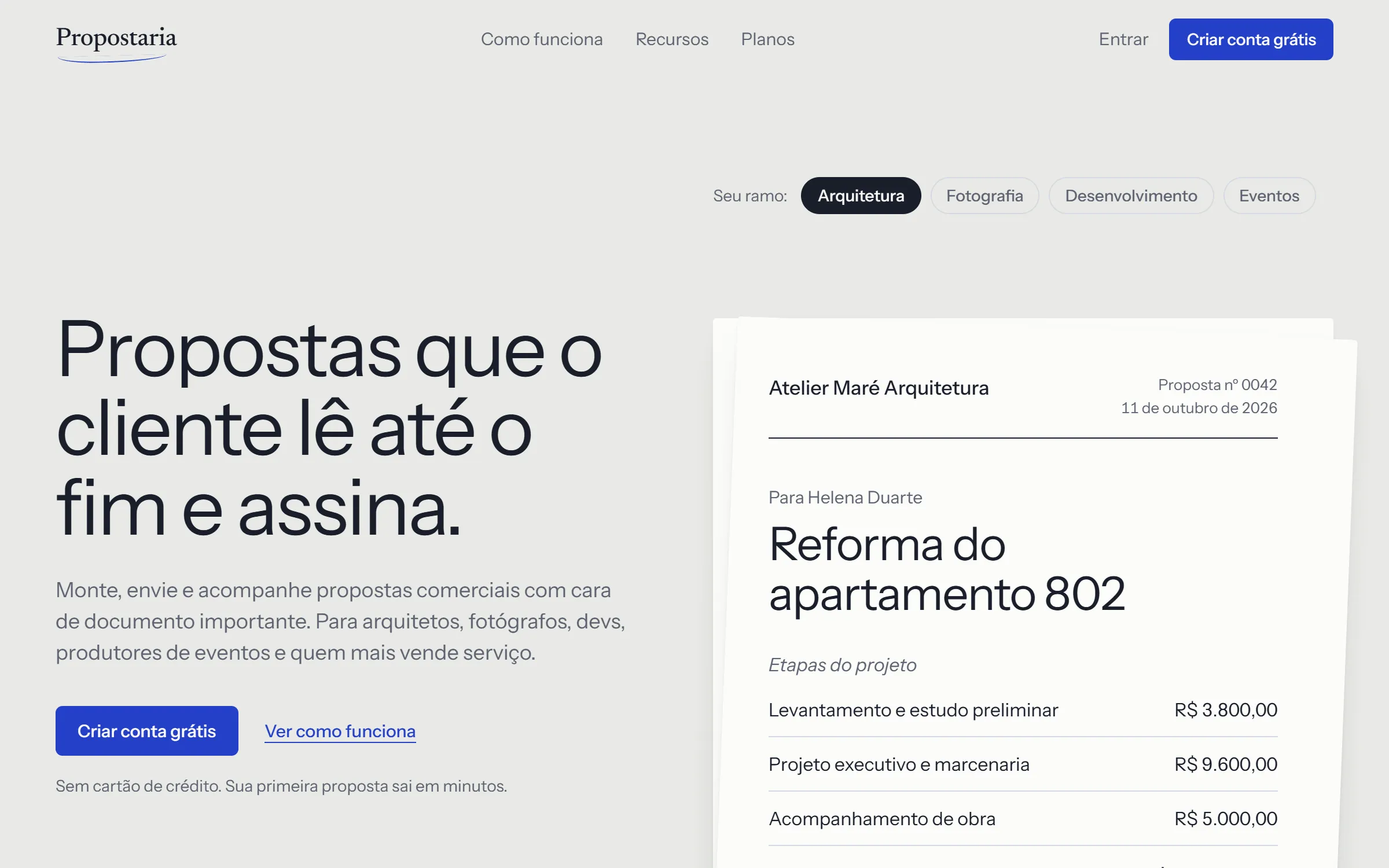 Página inicial da landing page da Propostaria: título, seletor de ramo e proposta de exemplo