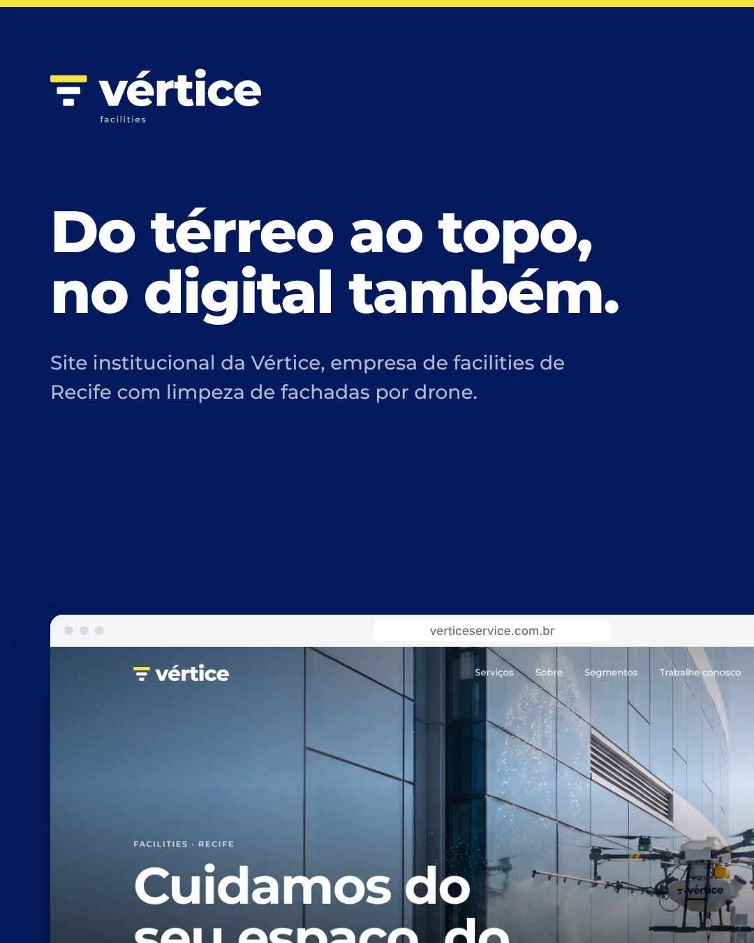 Capa do case Vértice Facilities: Do térreo ao topo, no digital também, com o site no computador e no celular