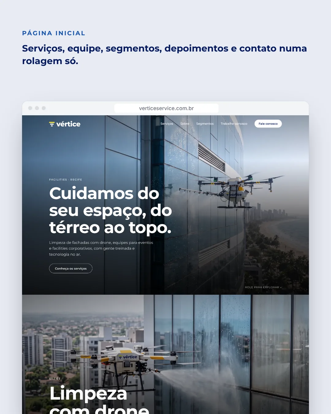Página inicial do Vértice Facilities inteira, dividida em colunas