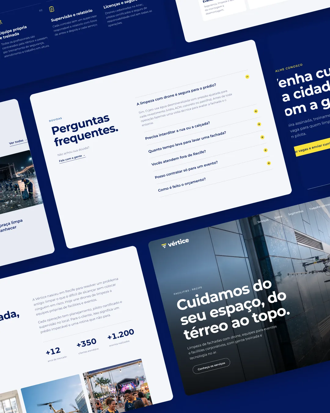 Seções do site Vértice Facilities lado a lado, em diagonal