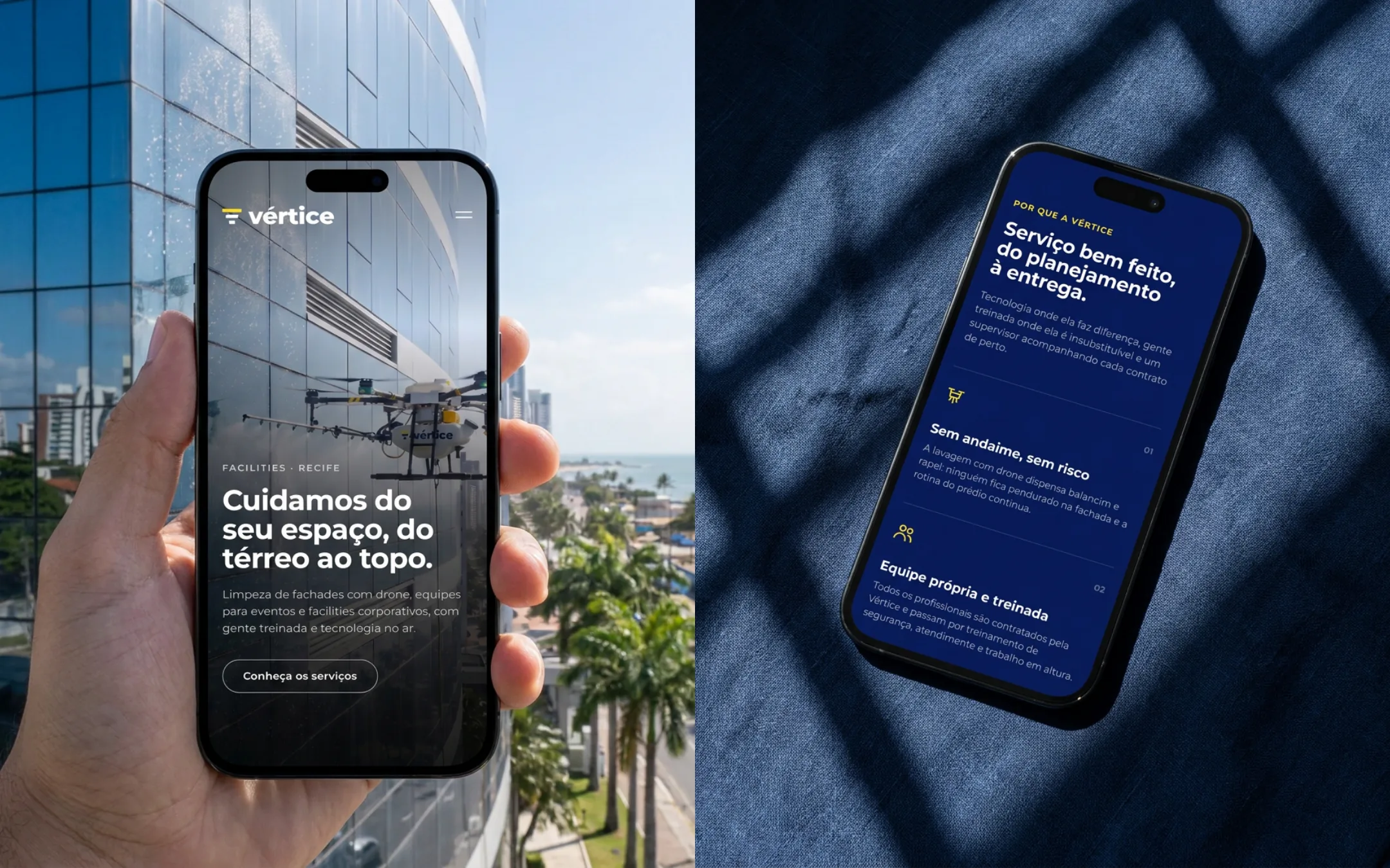 Celular com o site Vértice Facilities aberto, em duas fotos