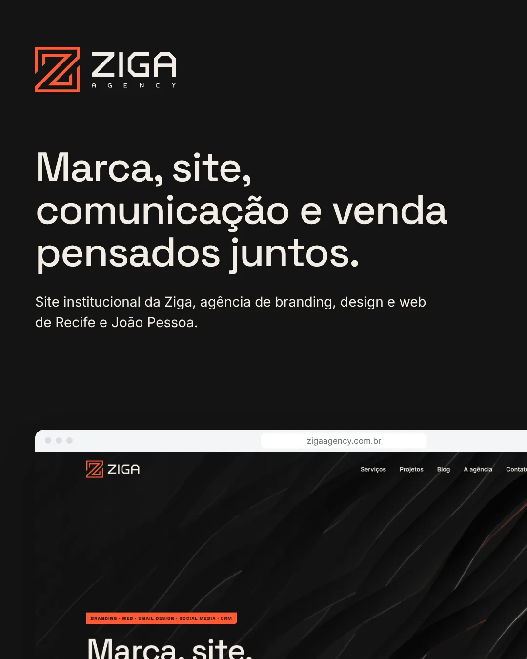 Ziga Agency case cover: Brand, website, communication and sales designed together, with the website on desktop and mobile