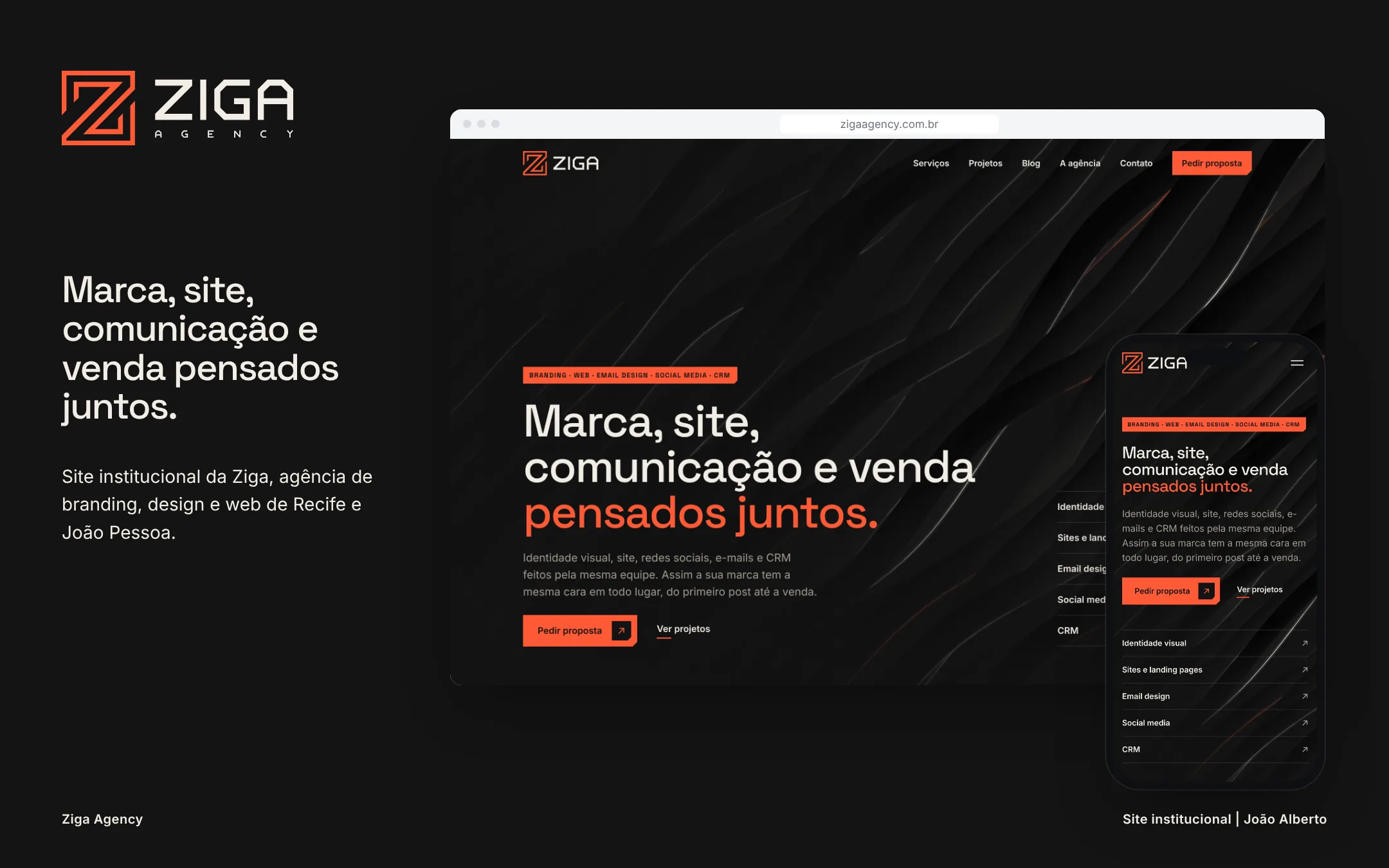 Ziga Agency case cover: Brand, website, communication and sales designed together, with the website on desktop and mobile