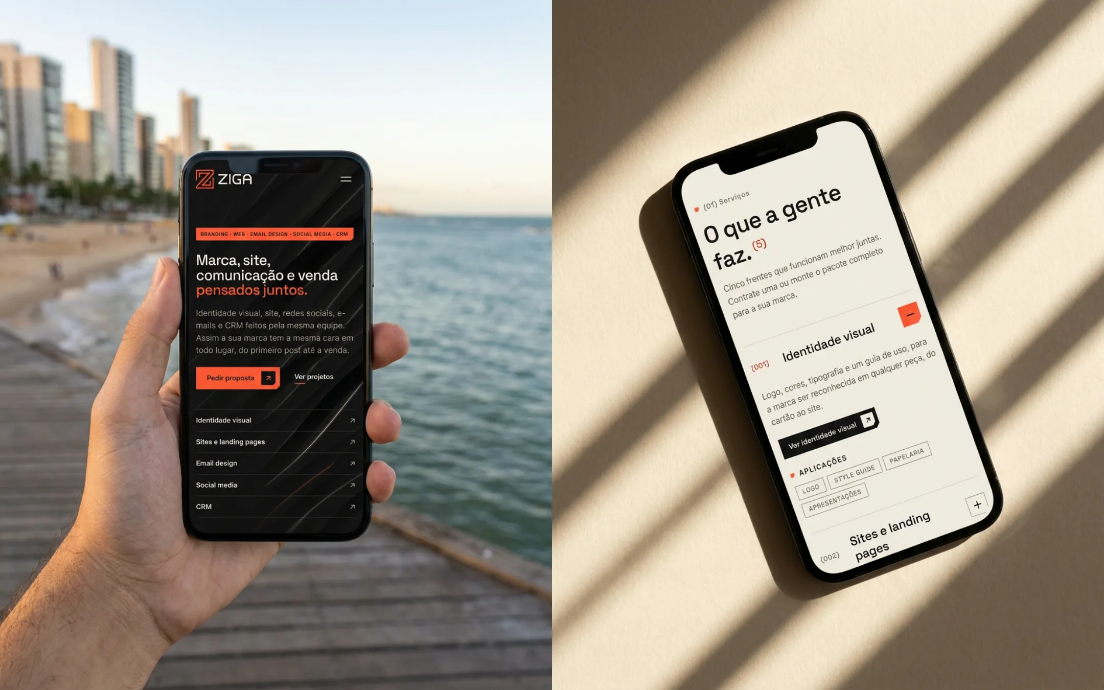 Phone with the Ziga Agency website open, in two photos
