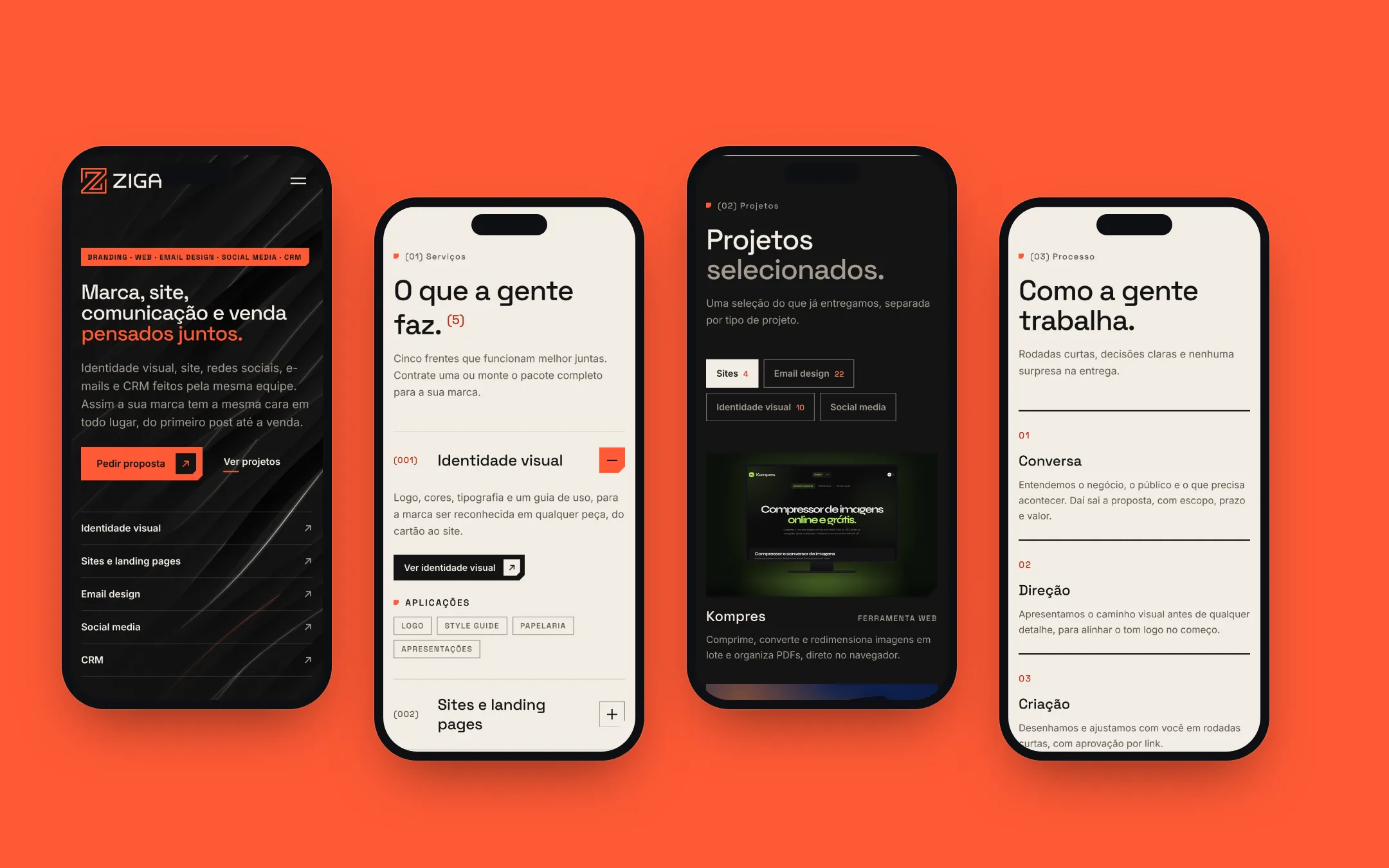 Four Ziga Agency screens on mobile