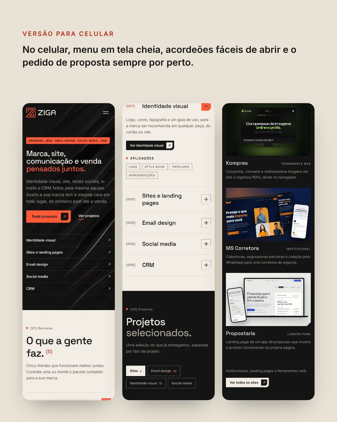 Ziga Agency mobile version, top to bottom
