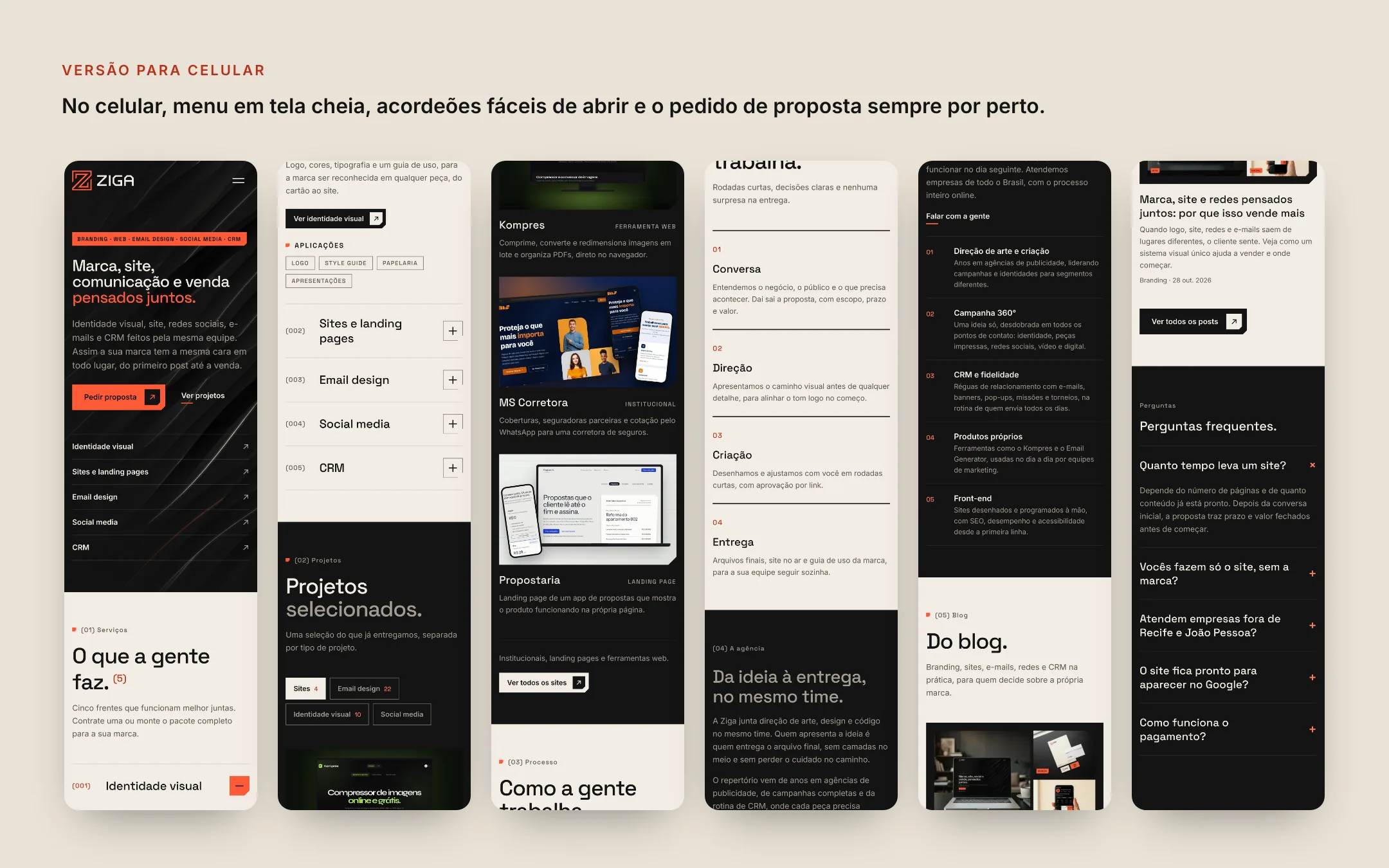 Ziga Agency mobile version, top to bottom