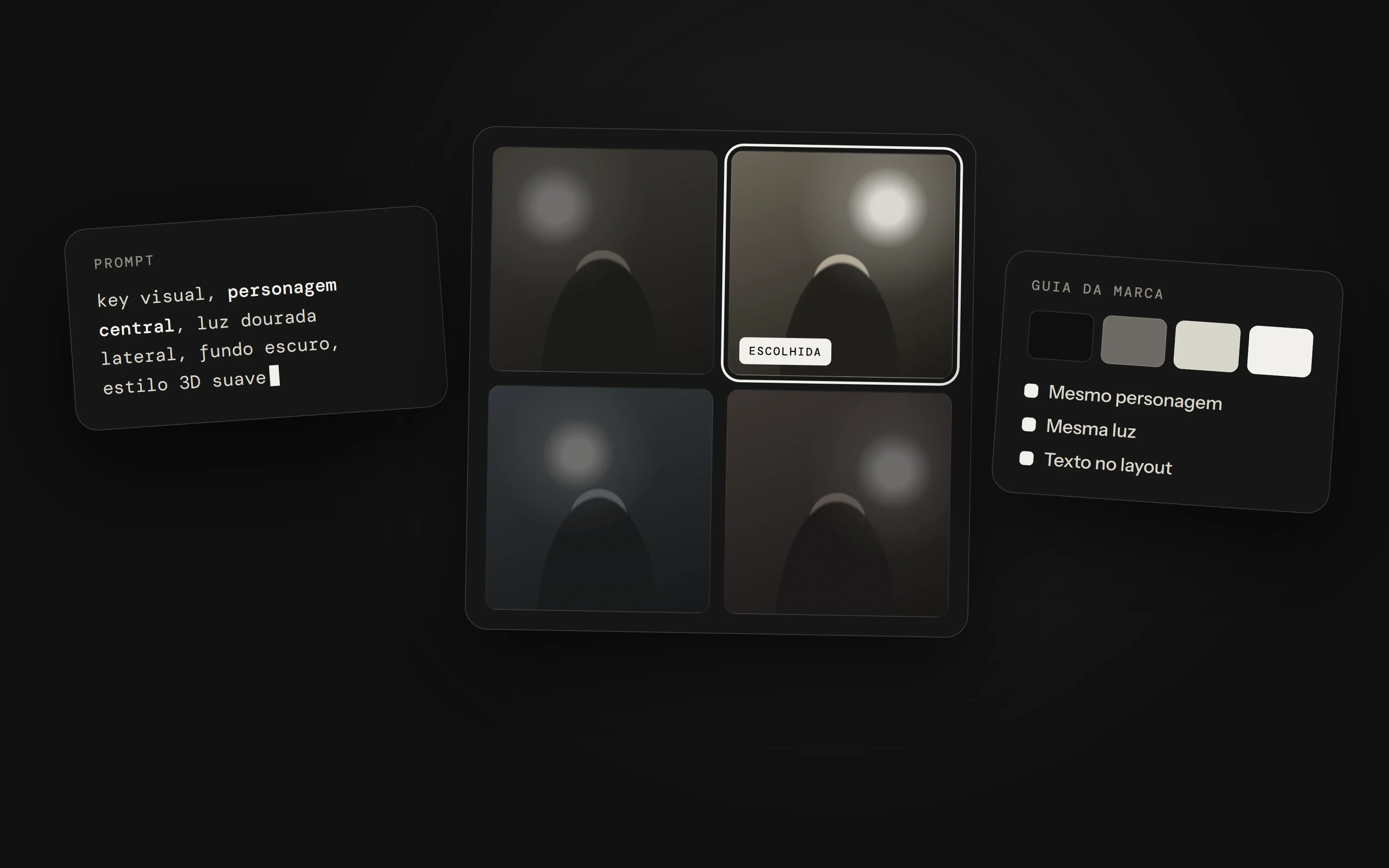 Um prompt de key visual, uma grade com quatro variações geradas por IA com uma escolhida em destaque e um guia da marca com paleta e regras