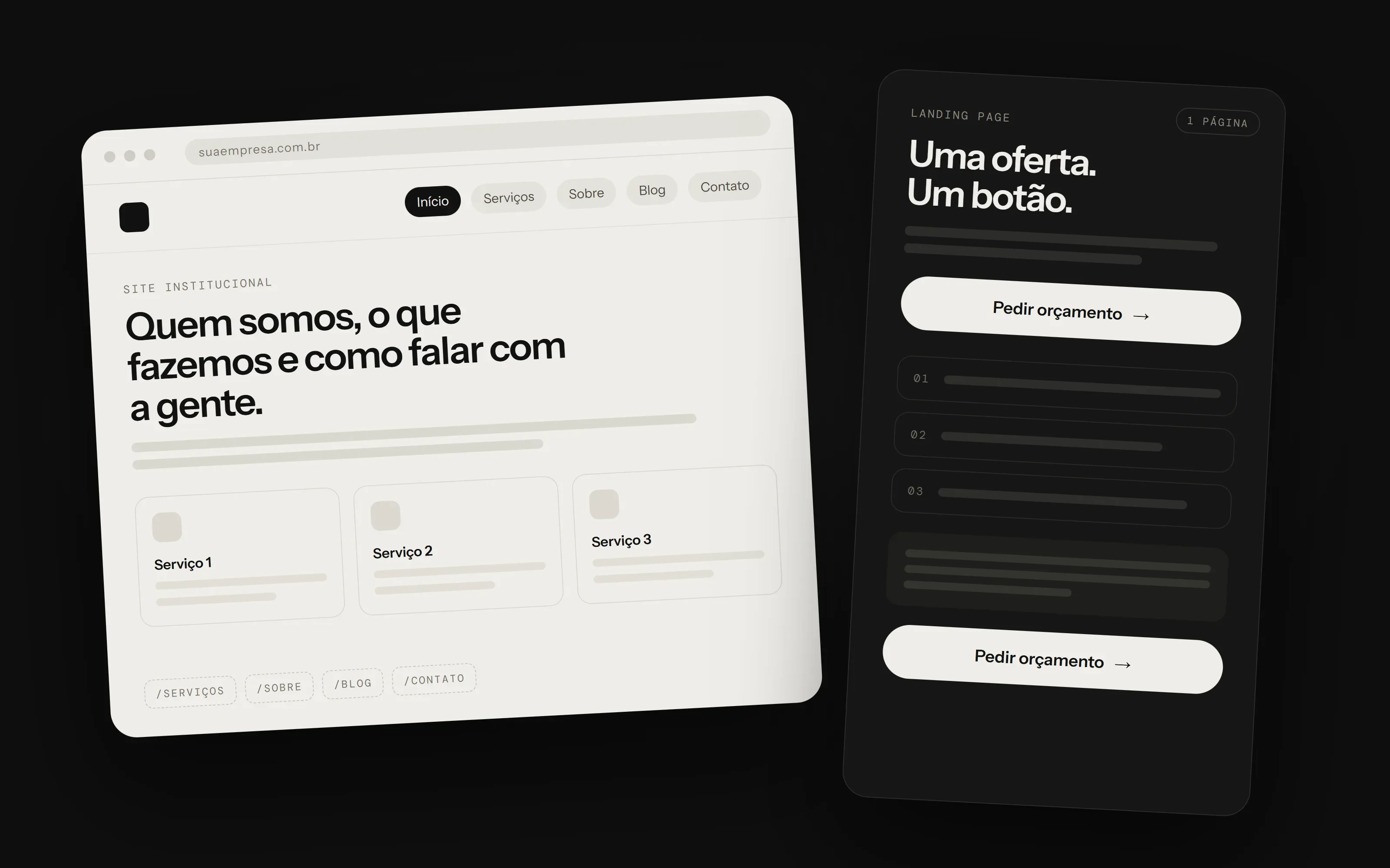 À esquerda, um site institucional com menu e várias seções; à direita, uma landing page de uma página só, com um único botão de ação