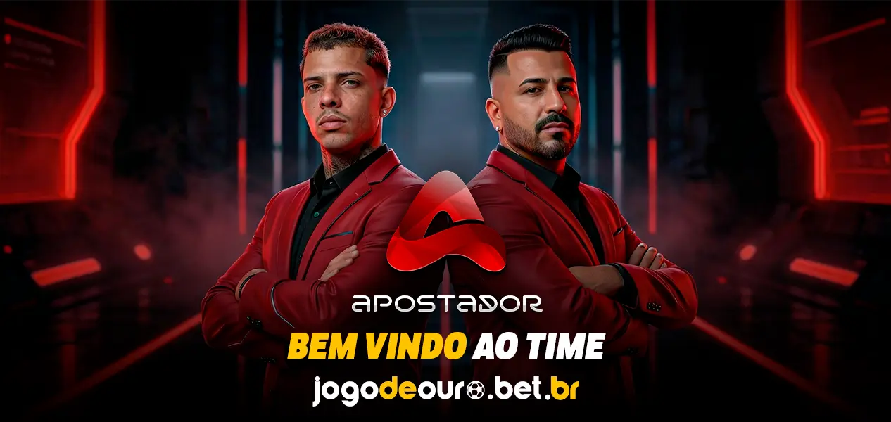 Banner 'Apostador: bem-vindo ao time' com dois apresentadores de terno vermelho