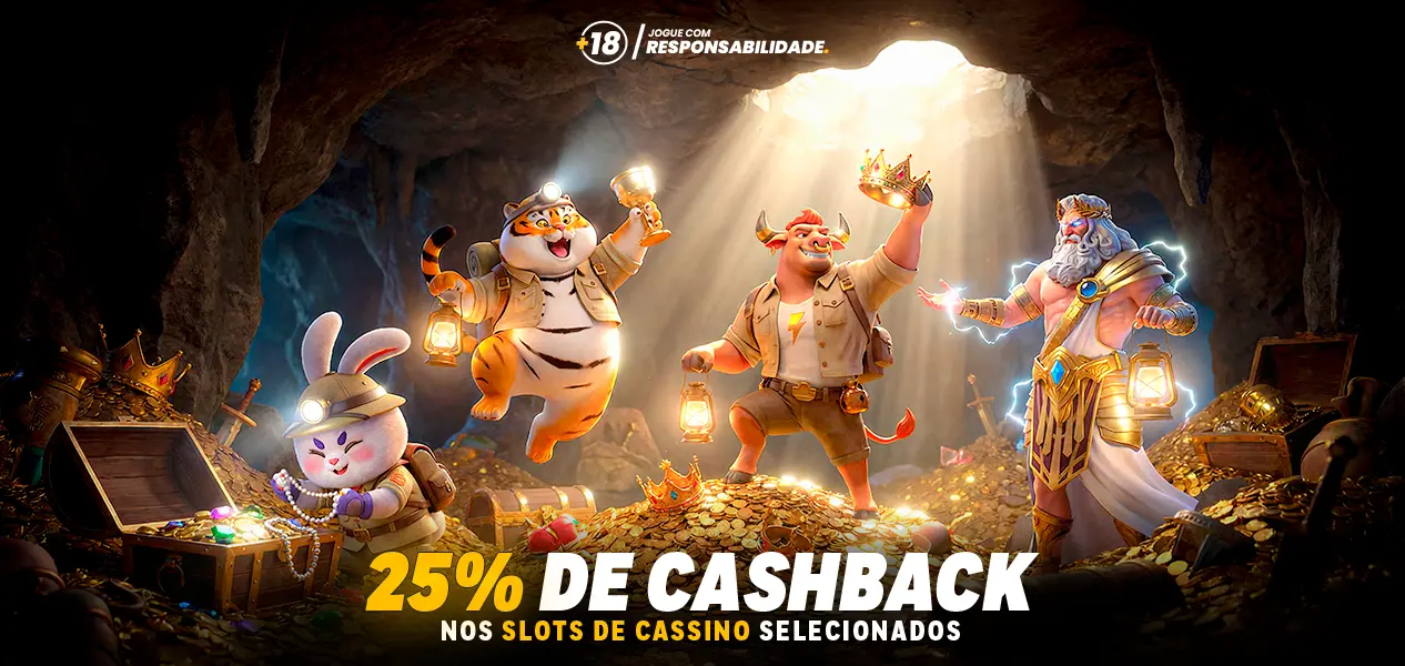Banner de 25% de cashback nos slots, com personagens de cassino em uma caverna de tesouros