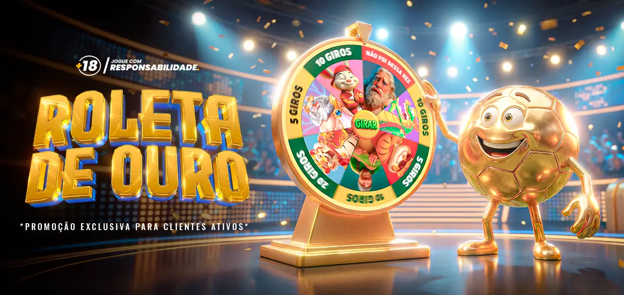 Banner 'Roleta de Ouro' com a roleta de prêmios e a mascote bola dourada