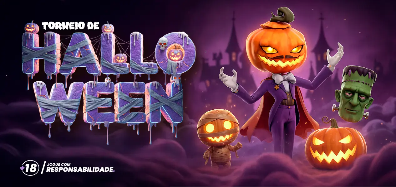 Banner do torneio de Halloween com abóbora, múmia e Frankenstein ilustrados