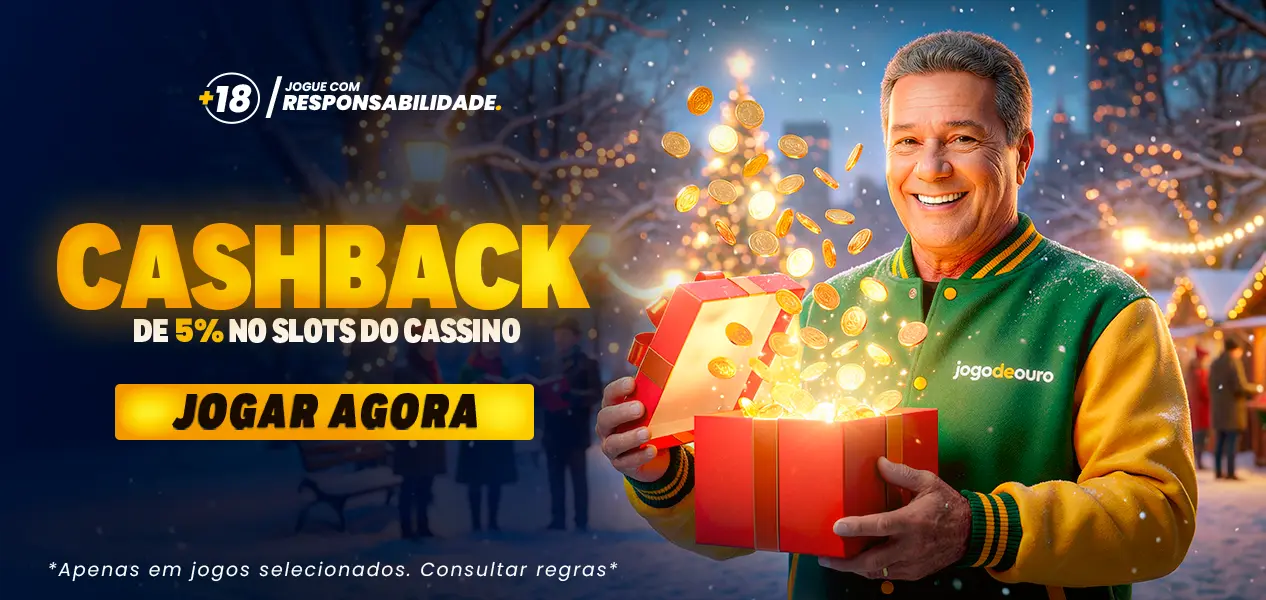 Banner de 5% de cashback nos slots com garoto-propaganda segurando um presente