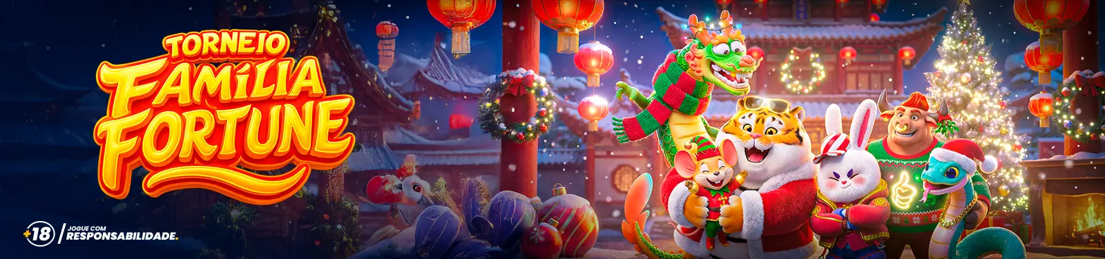 Banner do torneio Família Fortune com os personagens em clima de Natal