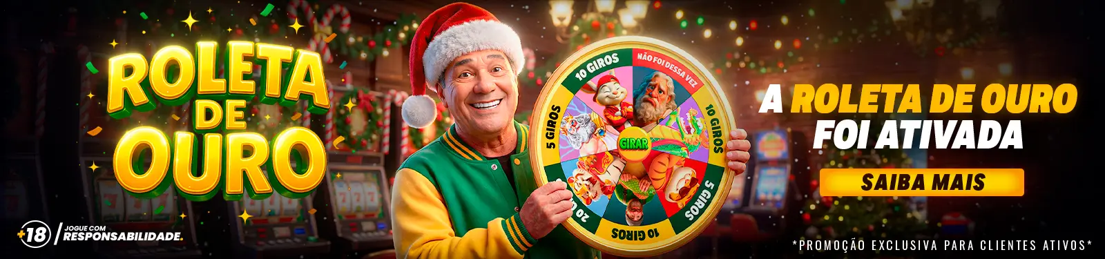 Banner 'A Roleta de Ouro foi ativada' com garoto-propaganda de gorro de Natal
