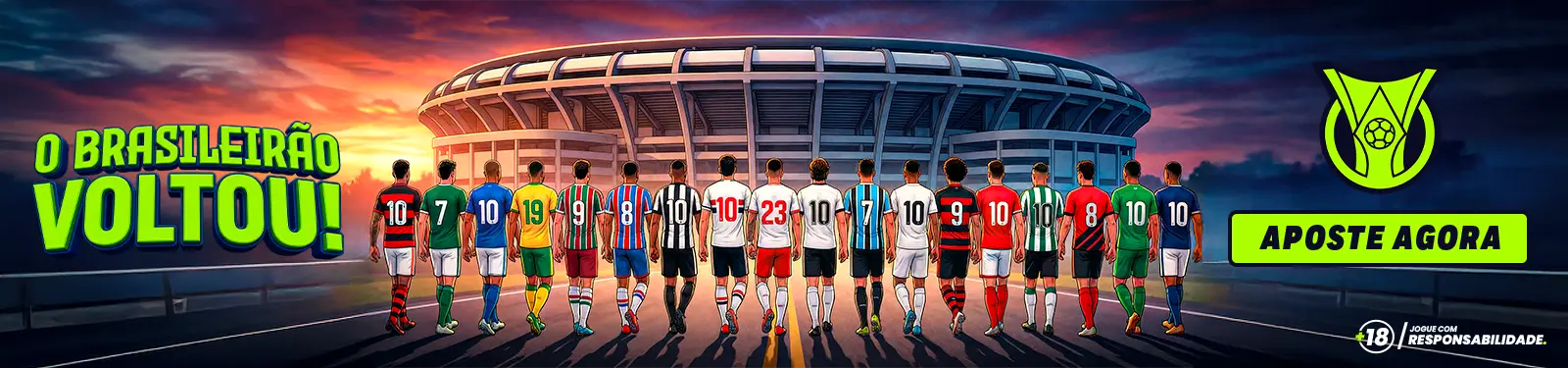 Banner 'O Brasileirão voltou!' com jogadores de todos os clubes em frente ao estádio