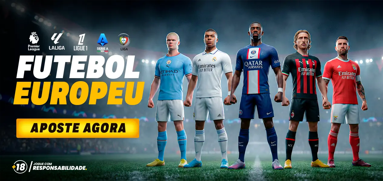 Banner 'Futebol europeu' com jogadores de clubes das principais ligas